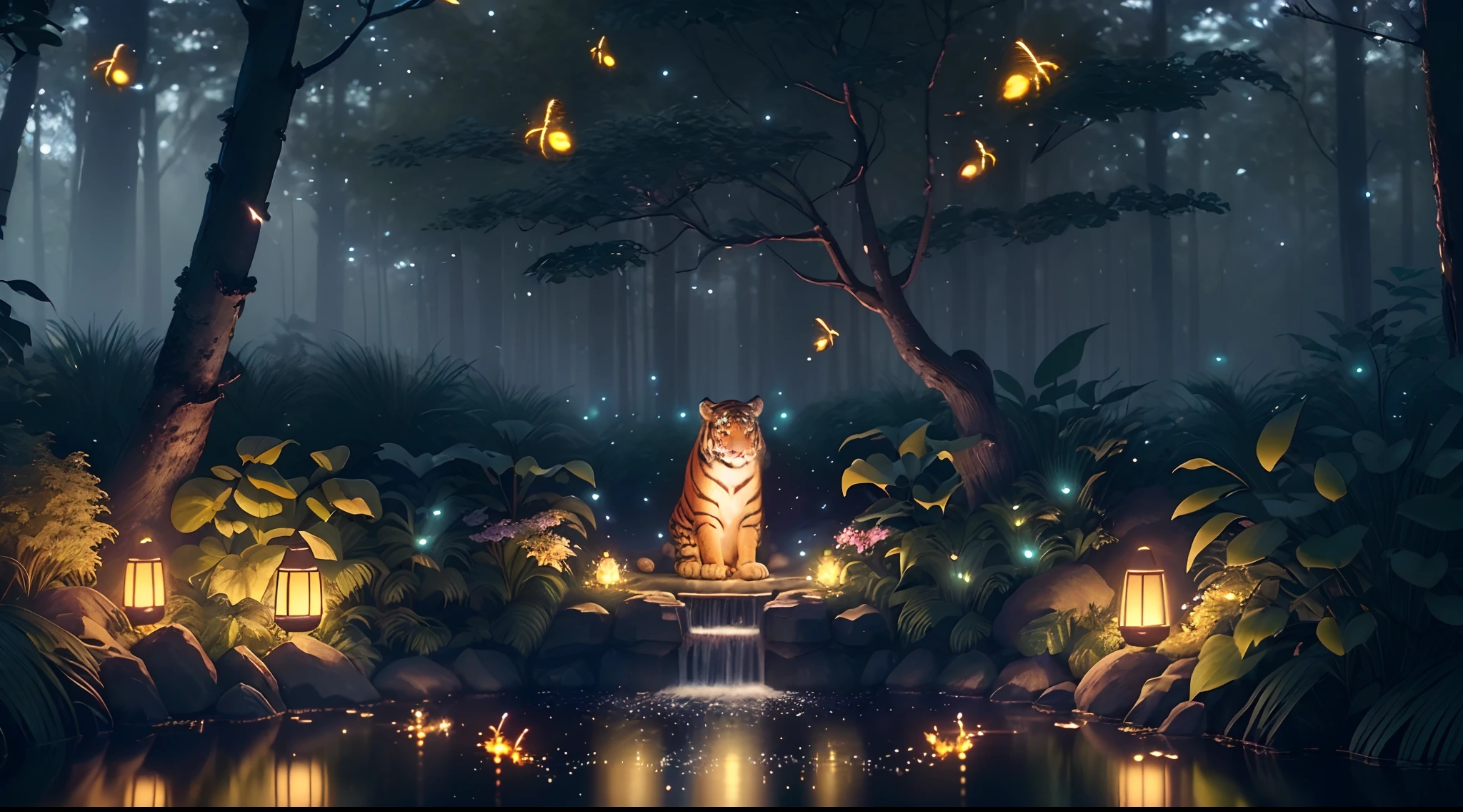 Masterpiece, best quality, (very detailed CG unity 8k wallpaper), (best quality), (best illustration), (best shadows), glow sprite, with a glowing tiger, in the swimming pool Drinking water, natural elements in the forest theme. Mysterious forest, beautiful forest, nature, surrounded by flowers, delicate leaves and branches surrounded by fireflies (natural elements), (jungle theme), (leaves), (twigs), (fireflies), (particle effects) etc. 3D , Octane rendering, ray tracing, super detailed,