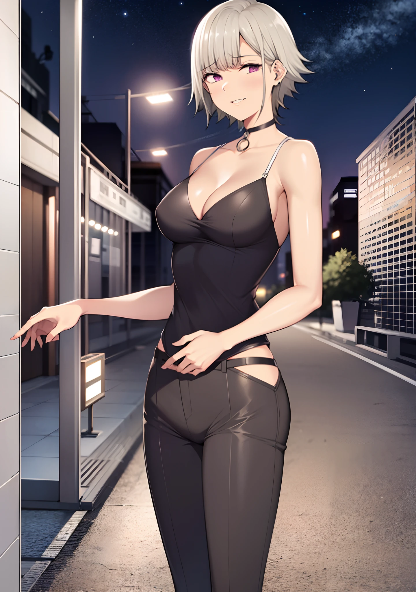(masterpiece, best quality:1.2), cowboy shot, solo, 1girl, white hair, short wavy hair, purple eyes, average breasts, slender body, light smile, looking at viewer, hands in pockets, formal, suit, cleavage, black pants, choker, cityscape scenery, street, night light, night time