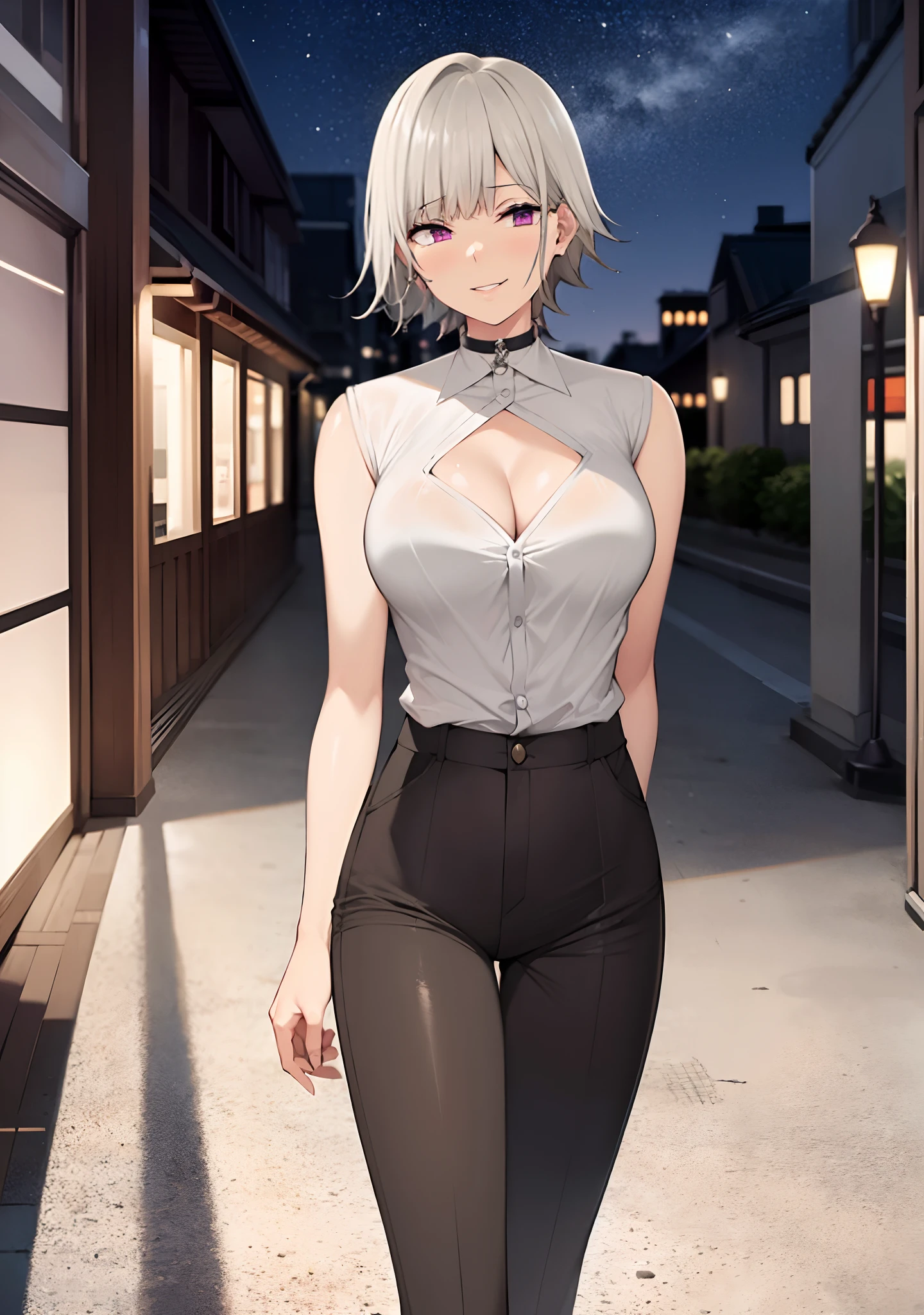 (masterpiece, best quality:1.2), cowboy shot, solo, 1girl, white hair, short wavy hair, purple eyes, average breasts, slender body, light smile, looking at viewer, hands in pockets, formal, suit, cleavage, black pants, choker, cityscape scenery, street, night light, night time