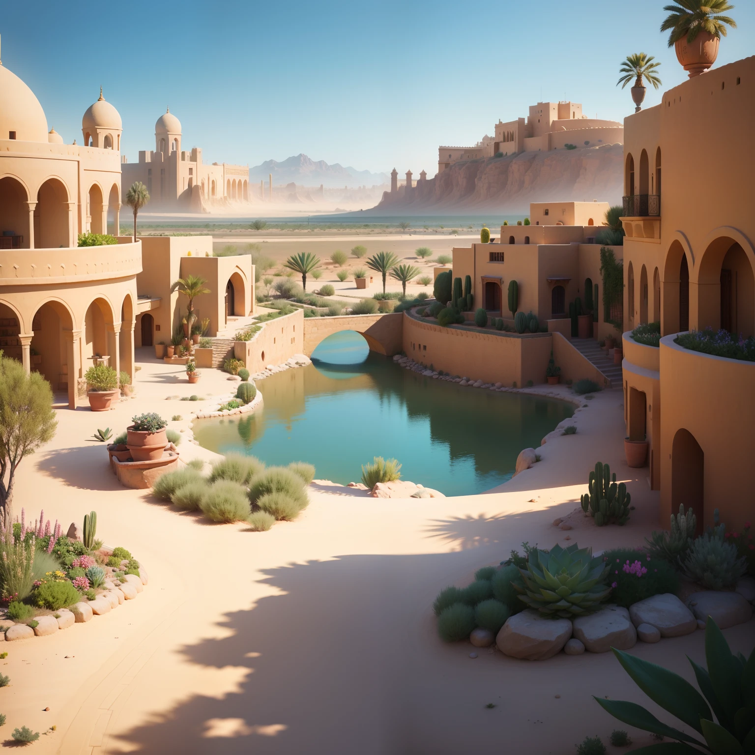 Create a landscape of a desert city , orient , Great Mediterranean city,A blooming garden in the desert,Succulents,Green lake,realisticlying,8K,Image of a,roleplaying , fanciful , oil painted, high detal, Current population , guard