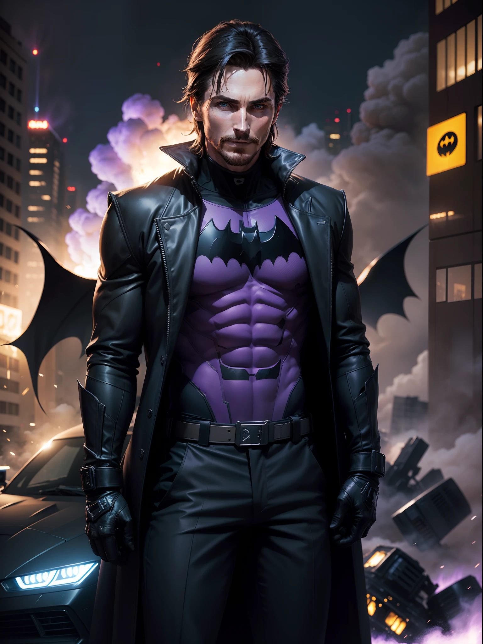 Christian Bale dressed in jacket and pants reminiscent of the batman costume with iconic perfect batman logo posing on the camera in front of the his batmobile, explosions, destroyed buildings collapsed, rising smoke, purple flames, reflected purple and blue lights, realistic, photography, Canon Eos R6