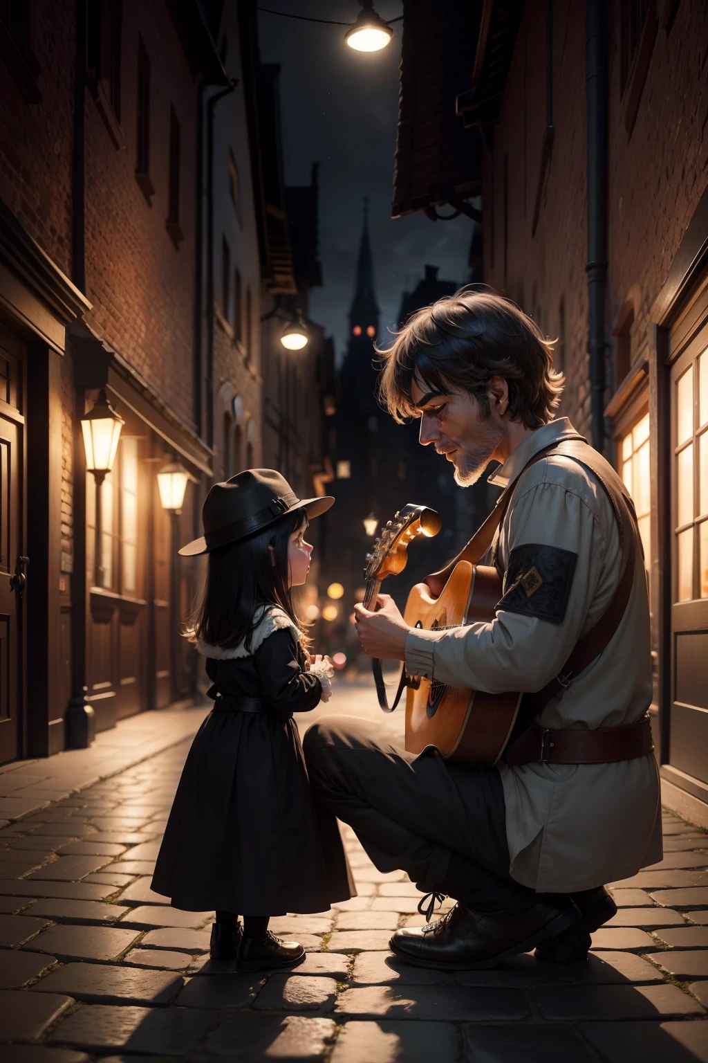 1200 year. Dynamic scene. night time. Bremen Holiday. An elderly man of 50 years old plays the guitar. Next to him is a 5--old l singing a song widely;. shaggy black hair, Medieval old torn clothes, a closeup of a. Listeners from all sides. Night Street Light Torch, cobblestone pavement. Super cute cartoon style, super realistic, Cinematic. many details. The background of a medieval city, Light haze.