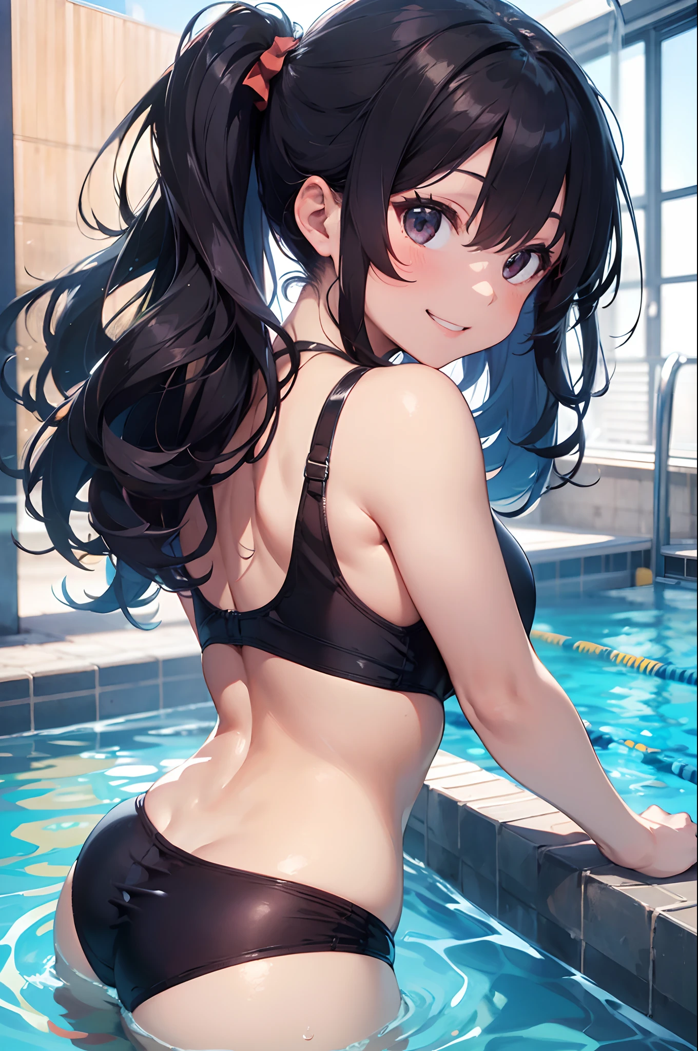 (8K, Raw photography, top-quality, ​masterpiece:1.2), 1girl in, 3 d,A dark-haired、The long-haired、poneyTail、posterior view、Backless Swimming School Swimwear、Asian,  school poolside、A smile、