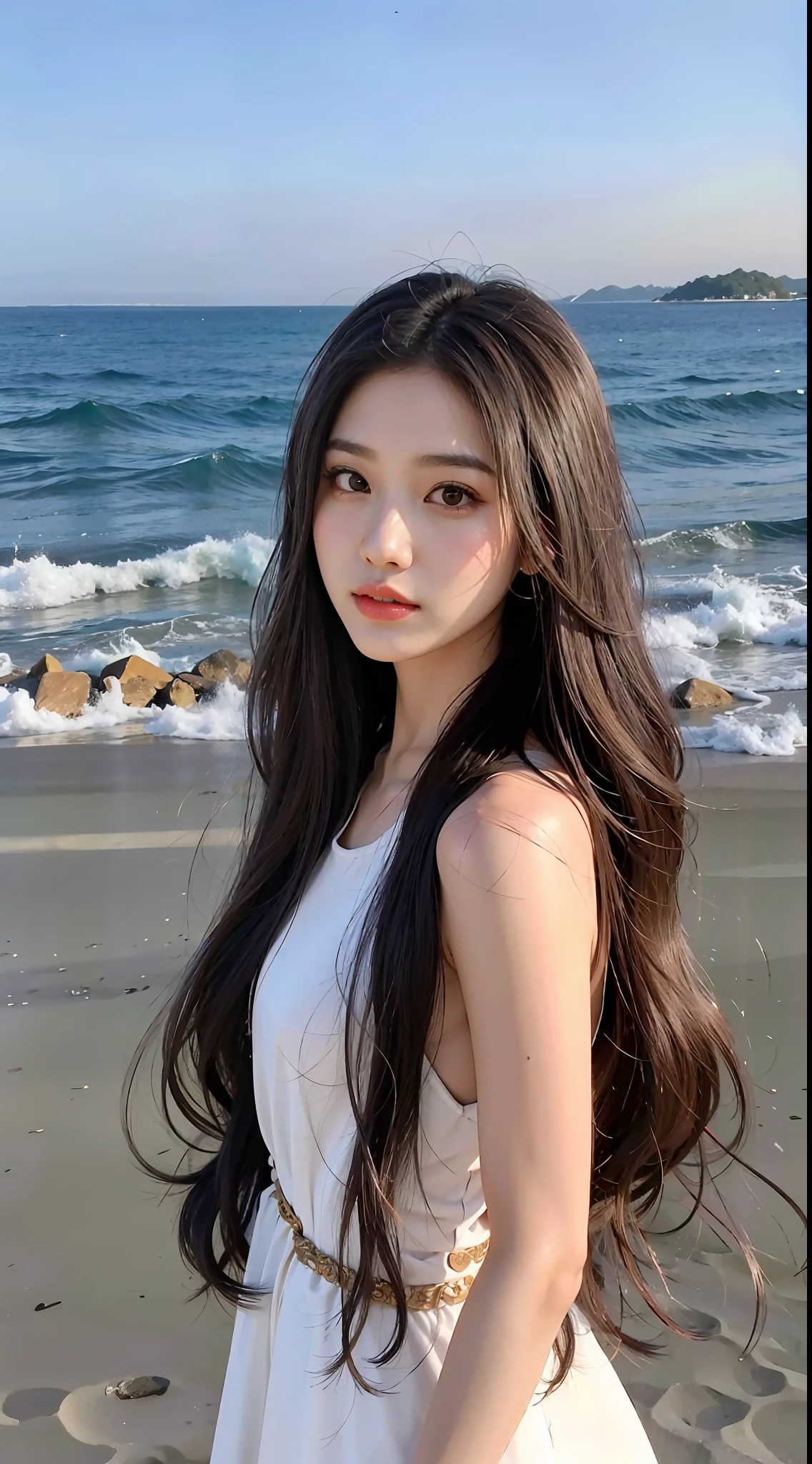 A perfect young female,High picture quality,Works of masters,Black hair,Long hair flowing over the shoulders,Beach wave hairstyle,cropped shoulders,exquisite face,Hydrated red lips,Real Human,CG rendering, depth of fiel, blurred background