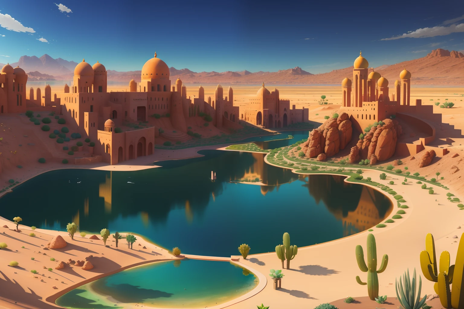 Create a landscape of a desert city , orient , Great Mediterranean city,A blooming garden in the desert,Succulents,Green Lake,There is a green meadow by the lake,realisticlying,8K,Image of a,roleplaying , fanciful , oil painted, high detal, Current population , guard