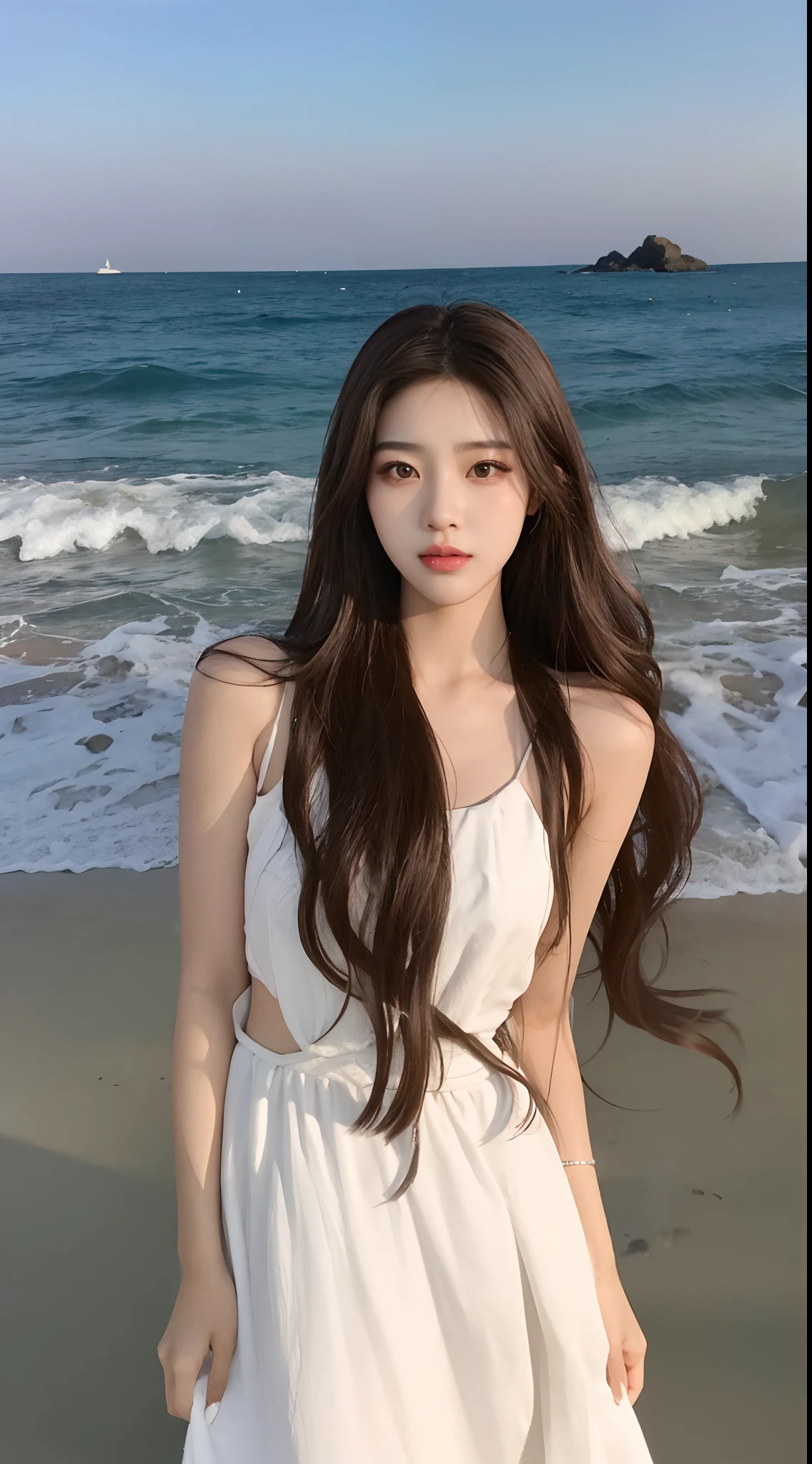 arafed woman in a white dress standing on a beach, beautiful Korean women, Gorgeous young Korean woman, Asian girl with long hair, bae suzy, Beautiful young Korean woman, jaeyeon nam, Brown hair long, With long hair, Korean girl, ulzzangs, long brown wavy hair, waist long hair, appealing long hair, long hair girl