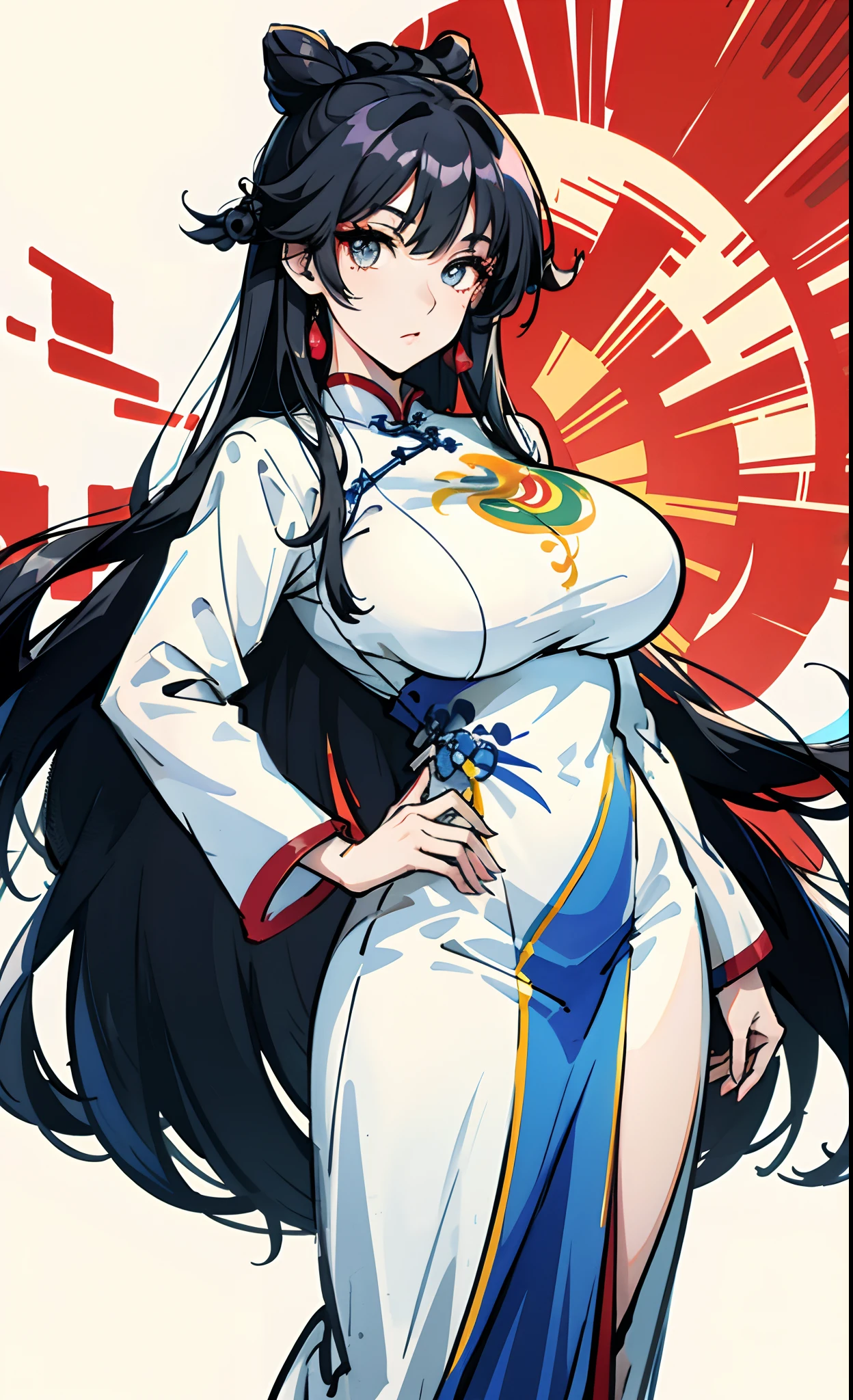 masterpiece, bestquality, ultra-detailed, 

middle ages, medieval times, Medieval European fantasy, 

(flat design, ligne claire, photorealistic), 

cinematic lighting, depth of field,
(1girl, fullbody, looking at viewer, front view:1.5), 
(very long high ponytail, japanese, thick eyebrows, Navy Blue kunoichi uniform, Hakama, black hair, Yamato Nadeshiko girl, Cool beauty girl, angry eyes, Cold eyes, Tight Mouth:1.3), 
gigantic saggy breasts, Clothes that are completely stuck to the chest, impossible clothes, Impossible clothing with perfectly shaped extremely gigantic puffy nipples, pawg, thin thighs, thick calf, (slender body:1.3), thin waist, milf, mature woman, puffy lip, lewd body, 

standing contrapposto pose, spread legs,  Dynamic composition, Hands on hips, 
(Wear warm clothes, pants:1.3),
high waist T-back, (low rise hot pants:1), Whale tail, low rise T-back, hot pants, highleg panties, high leg panties g-strings , high leg panties thong,  

(white background:1.4),