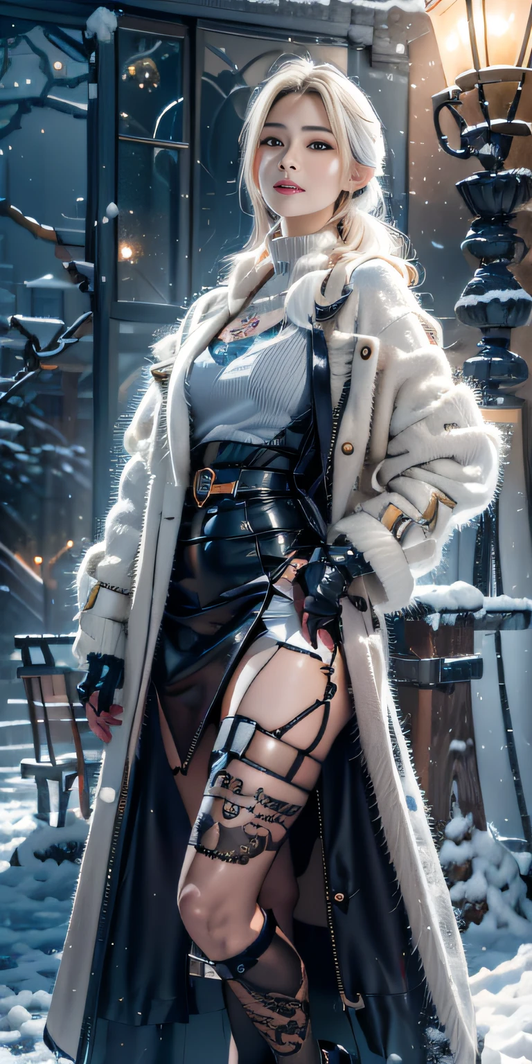 Photorealistic, high resolution, Soft light,1womanl, Solo, Hips up, shiny skins, (Detailed face),tattoo, jewelry, Winter clothing, Coat, Snow, Night, White hair, Wavy hair, Beautiful soldiers, Invite the eyes of the audience, Lover's perspective, Invite expressions, Sexy smile, Perfect style, Perfect balance, Detailed skin, mischievous gaze, chest visible