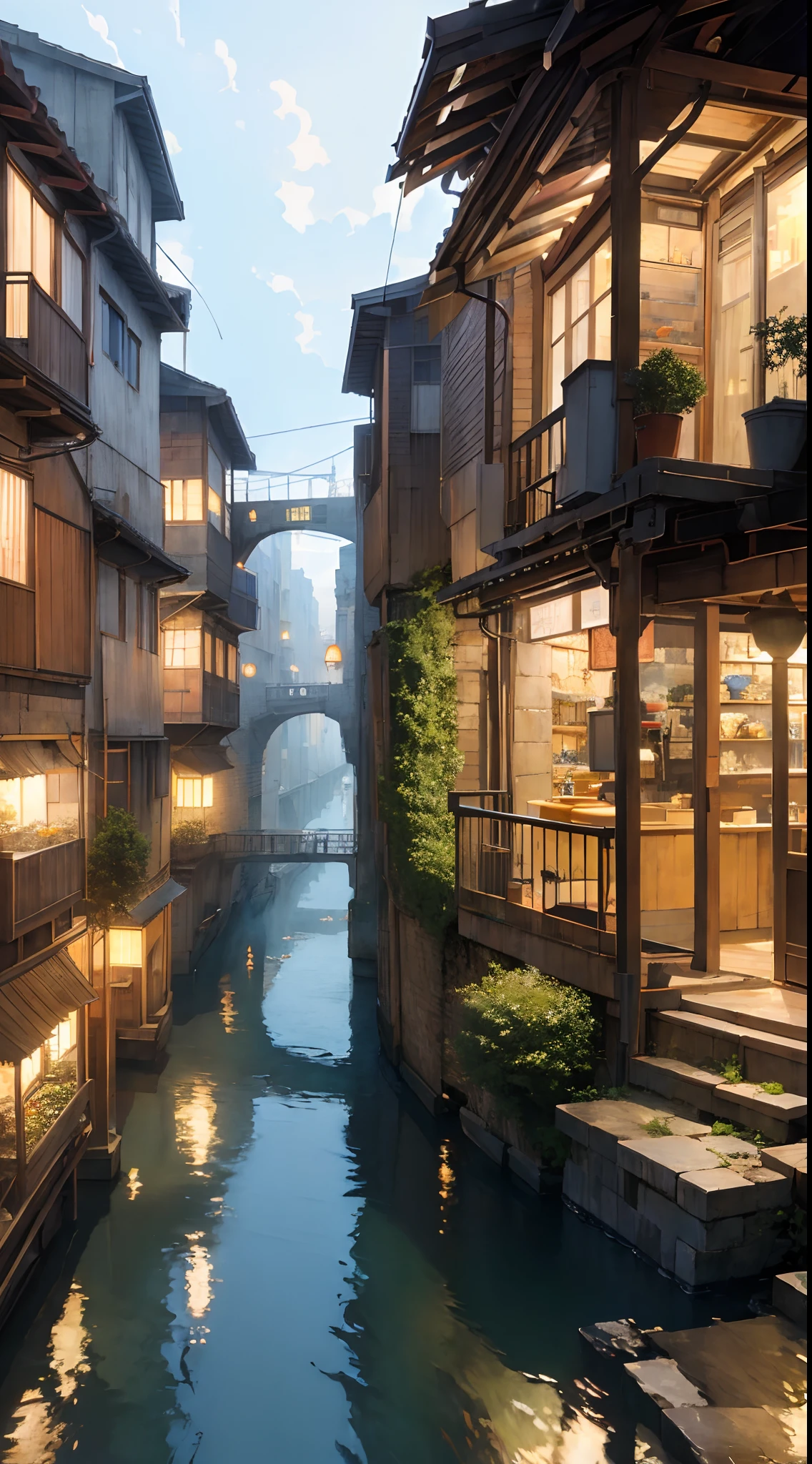 ((masterpiece)),((best quality)),((high detial)),((anime))
Industrial age city, deep canyons in the middle, architectural streets, bazaars, Bridges, rainy days, steampunk, European architecture