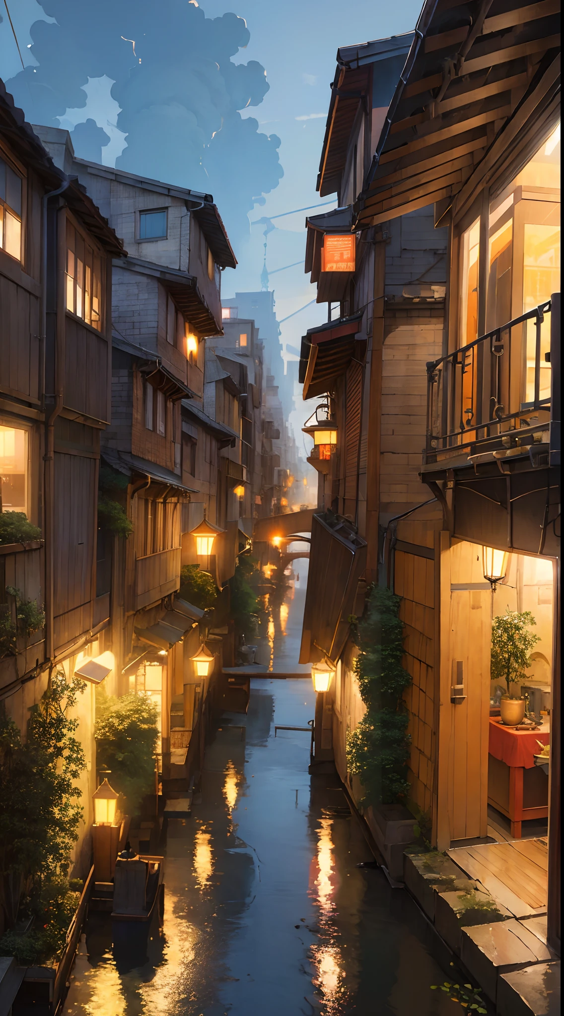 ((masterpiece)),((best quality)),((high detial)),((anime))
Industrial age city, deep canyons in the middle, architectural streets, bazaars, Bridges, rainy days, steampunk, European architecture