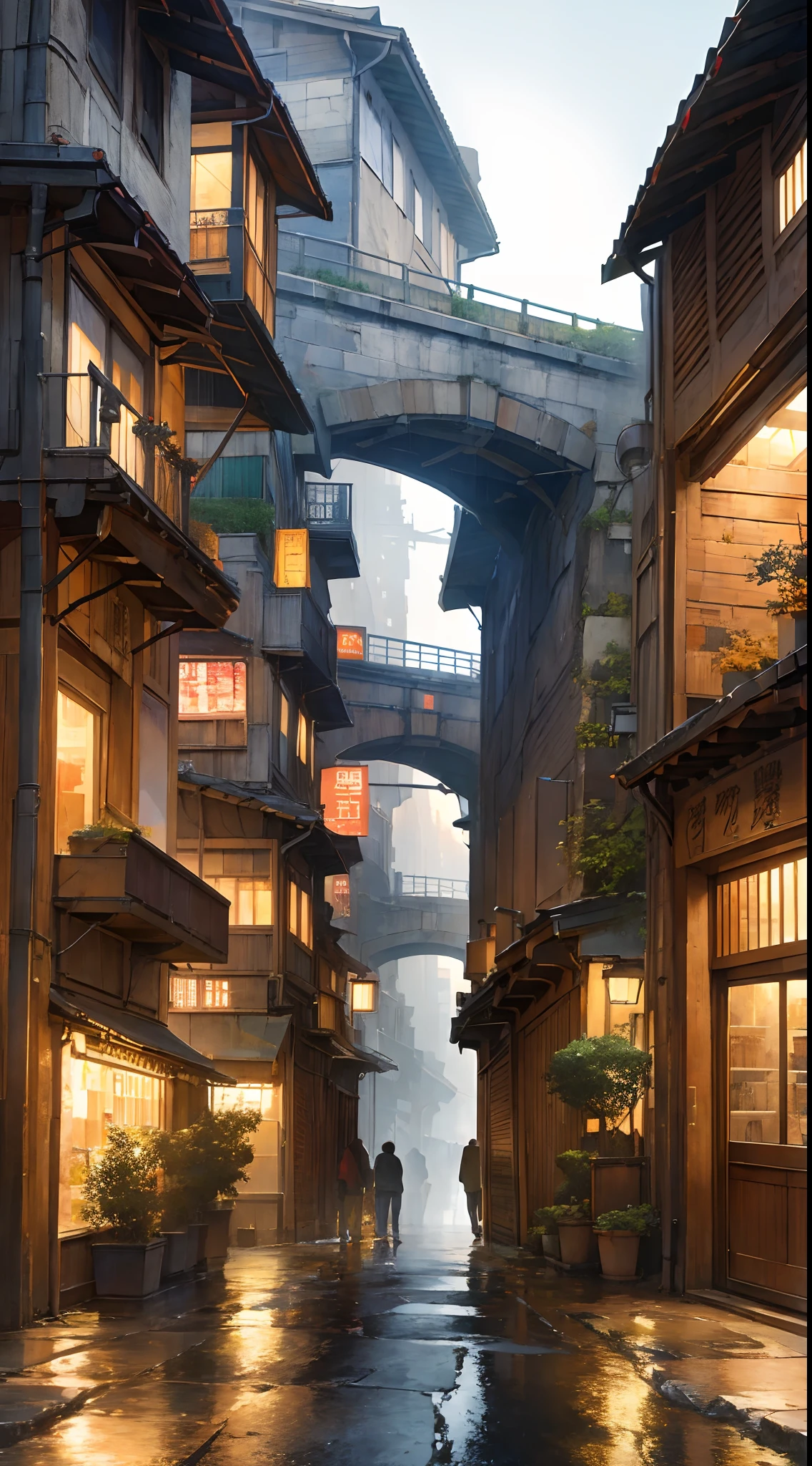 ((masterpiece)),((best quality)),((high detial)),((anime))
Industrial age city, deep canyons in the middle, architectural streets, bazaars, Bridges, rainy days, steampunk, European architecture