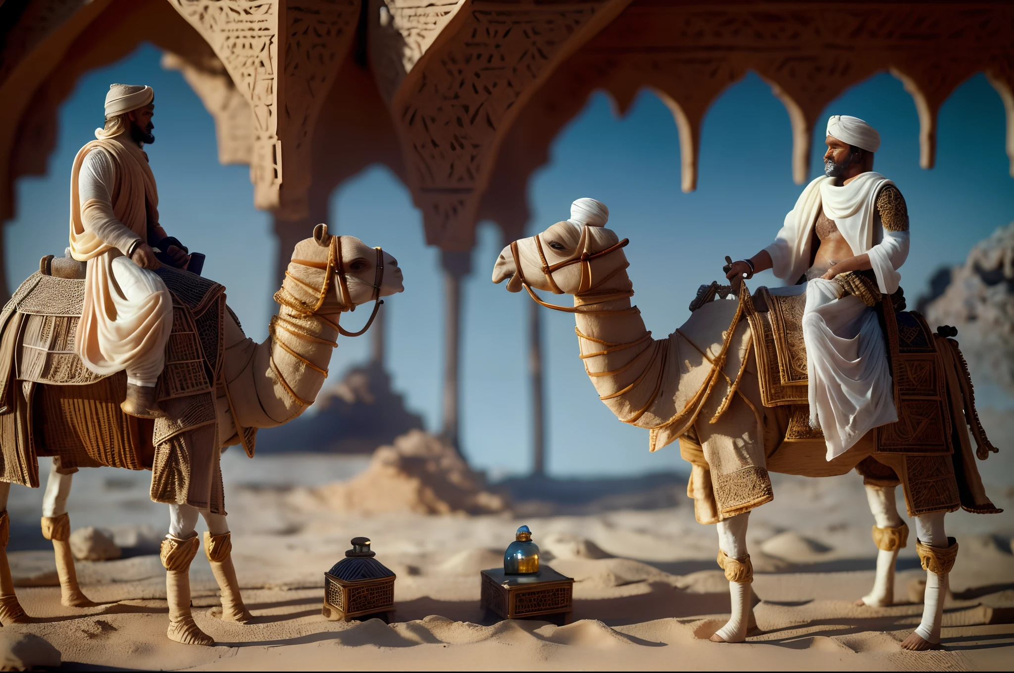 1 man in white turban riding a camel, holding a leather cover water bottle, desert with desert stone detailed architecture background with golden hour, (fog machine with sand:1.1), intricately detailed texture and skin and hair, ultra quality, cinematic still, 16k, conceptual contrast, natural light, real shadows, (associate press diorama photo:1.5),