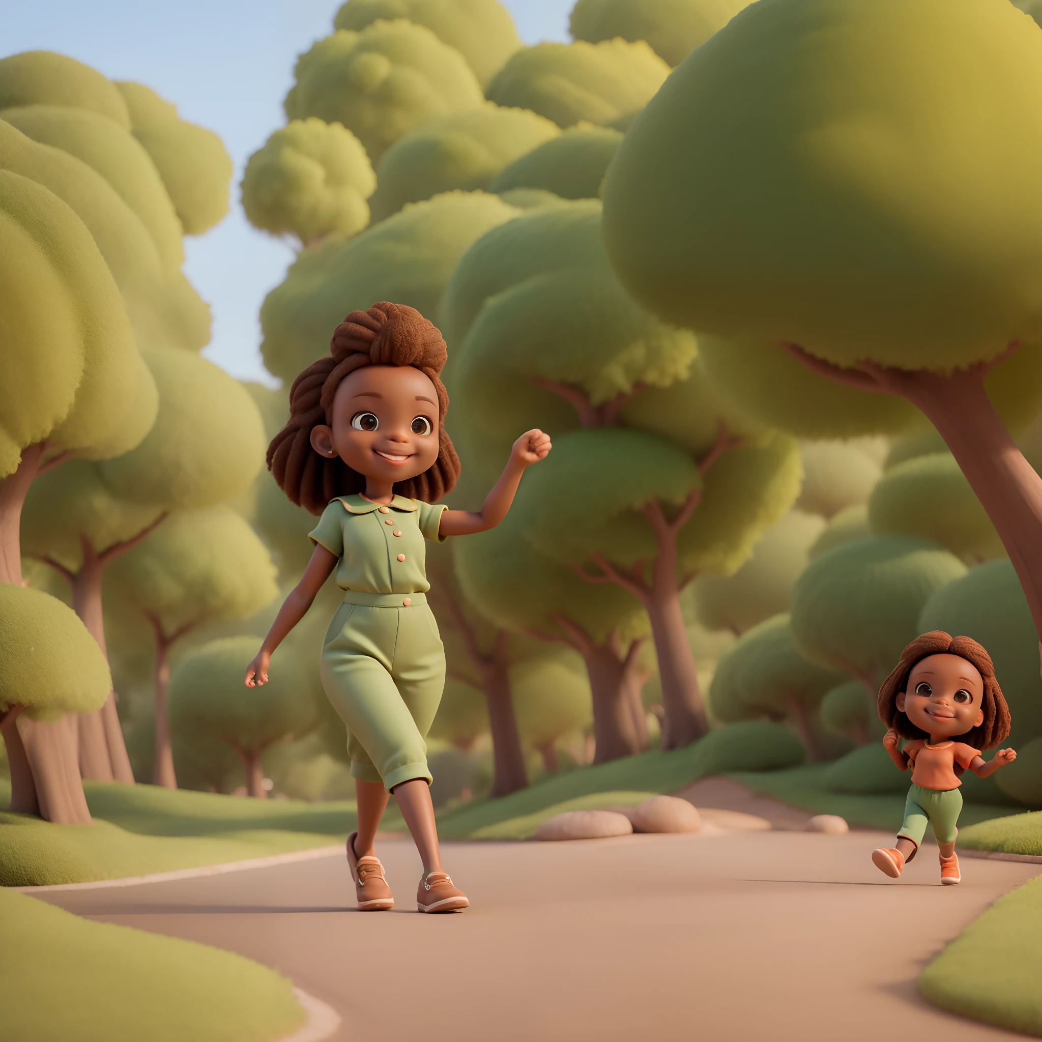 1menina africana africana ( pele marrom escura), andando em uma estrada de terra.