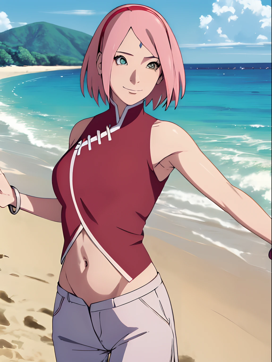 masterpiece, 4k, portrait, anime style, cowboy shot, professional artwork, detailed beach background, intricate details, colorful, digital blending, (ultra detailed body, ultra detail hair, ultra detail face), trending on pixiv, kind smile, best quality, anime style: 1.9, 1girl, hires, haruno sakura, (forehead mark, milf, red hairband, pale skin, small breasts, short hair, ((bare neck, red (micro) bikini top, (bikini top only)), white pants), (navel, belly button, bracelet, pink hair, closed mouth, big eyes), smile, beach, wind, floating hair, detailed arms, off-shoulders, broad shoulders, (slightly muscular arms, slightly strong biceps), standing)