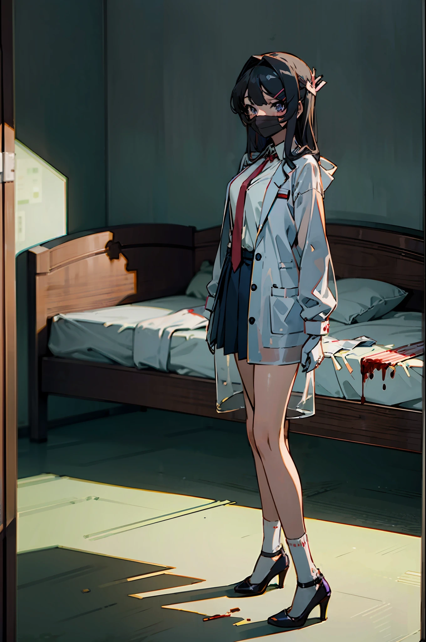 Mai Sakurajima stands wearing white medical gloves and a white mask to perform surgery，Medical goggles，Medical protective caps，black color hair，Wear hair accessories, school uniform, Purple eyes, Jacket, White shirt, :D, tiese, hair pin,see-through raincoat，red necktie, Wear a white mask，Wear white socks，black heels，Mai Sakurajima stands next to the bed in the operating room，The bed was covered in blood，Mai Sakurajima is undergoing surgery