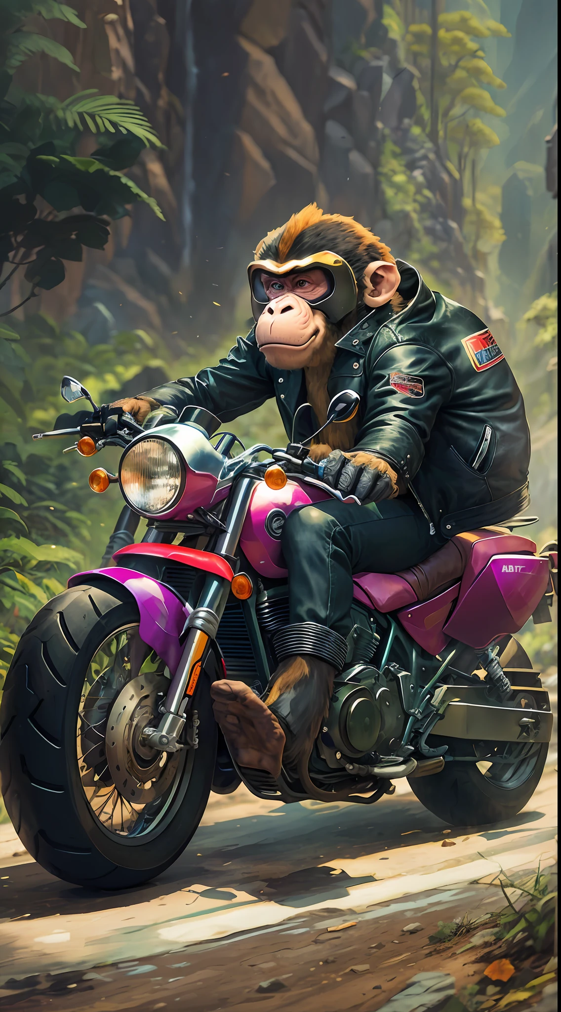 ((Better quality)),((Super De Tarado)), ((tmasterpiece)), illustratio, Estrutura da cena: Monkey transformed into a gangster, With monkey face and human body. He is muscular,There are tattoos on the body. Ride a motorbike in the city, Behind is the mountain forest. Fast synthesis: Single gangster, animal personification, the motorcycle, tattooed body, muscular physique,