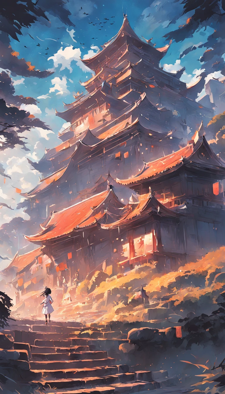 Ancient castle,The periphery is idyllic,Many toiling people,There are many birds flying in the sky,夏天