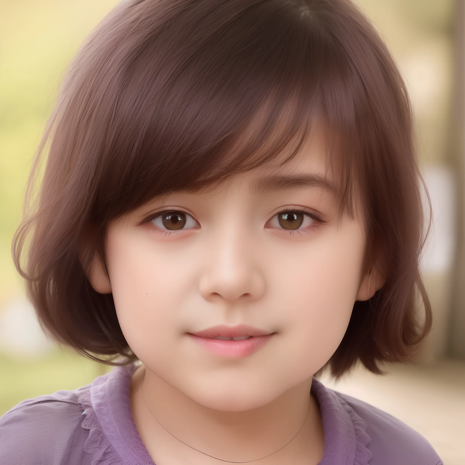 Årafed girl in purple shirt and pink shirt, short brown hair and large eyes, , brown hair and large eyes, girl with dark brown hair, close up head shot, black hair and large eyes, medium close up portrait, close up head shot, child hybrid, detailed portrait shot, full protrait, Children, headshot photo, alanis guillen、Fine-grained skin、Big eyes、二重まぶた、