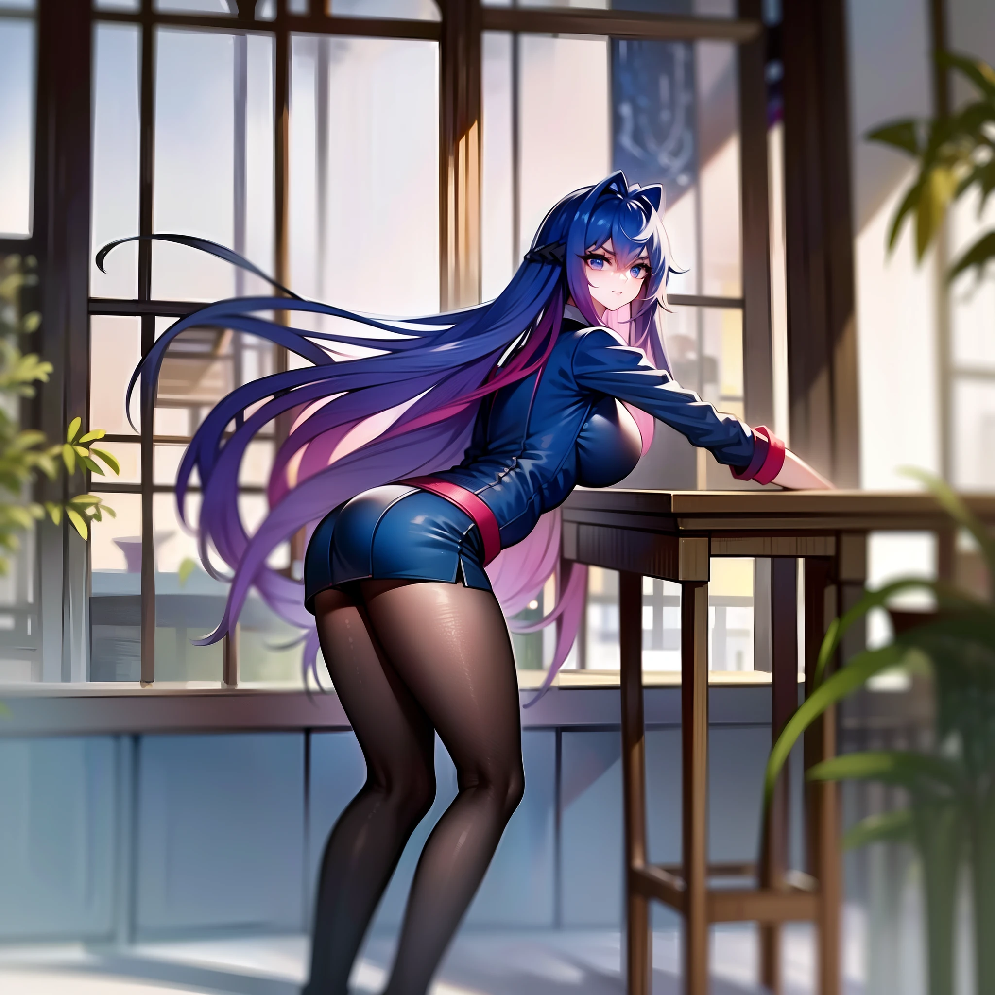 (masterpiece:1.2), mistress, best quality, ultra high res, shiny skin, sexy, fashi-g, ultra high res, best shadow, best quality, ((1girl, solo)), hair ornament, branch, long hair, huge breasts, smile, looking at viewer, very long hair, blue eyes, blue-pink hair, bangs, hair between eyes, high boots, full body, from behind, sexy secretary wearing extremely short skirt and seamed stocking