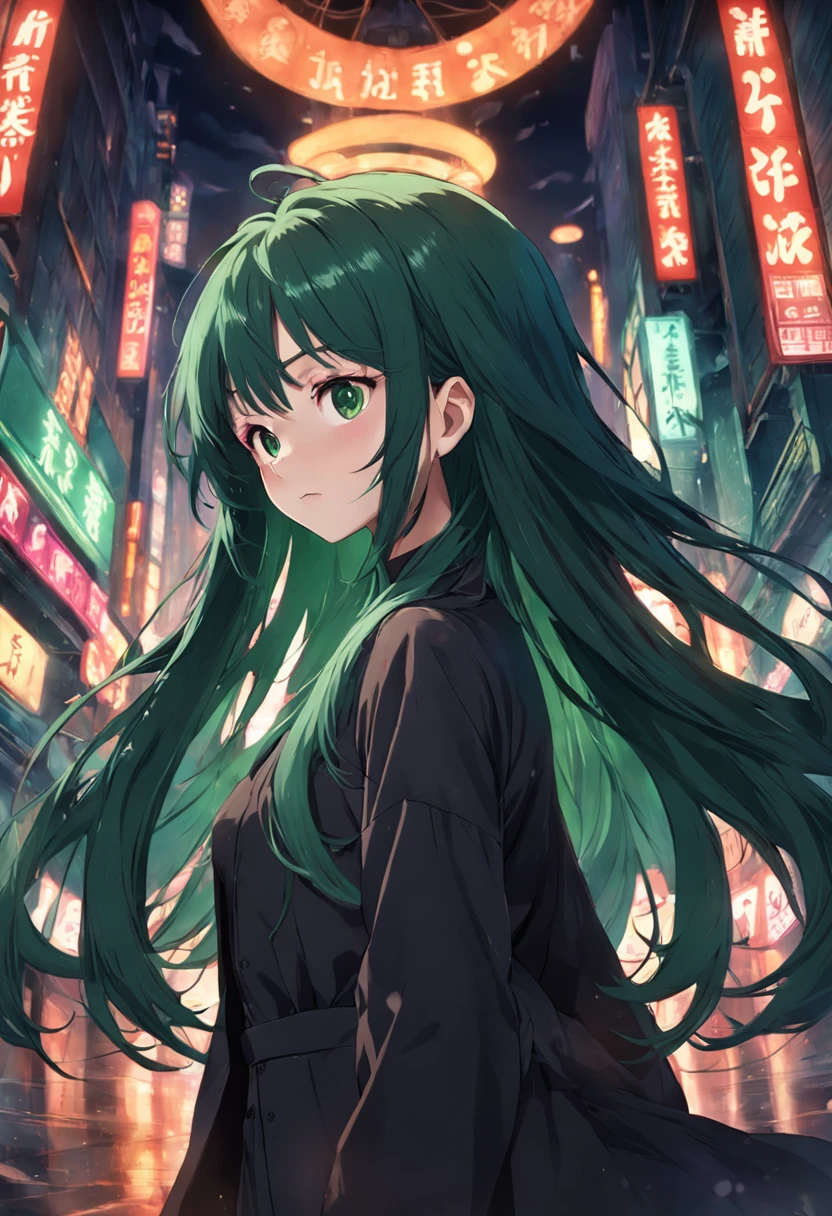 Long dark green hair，with a round face，JK service