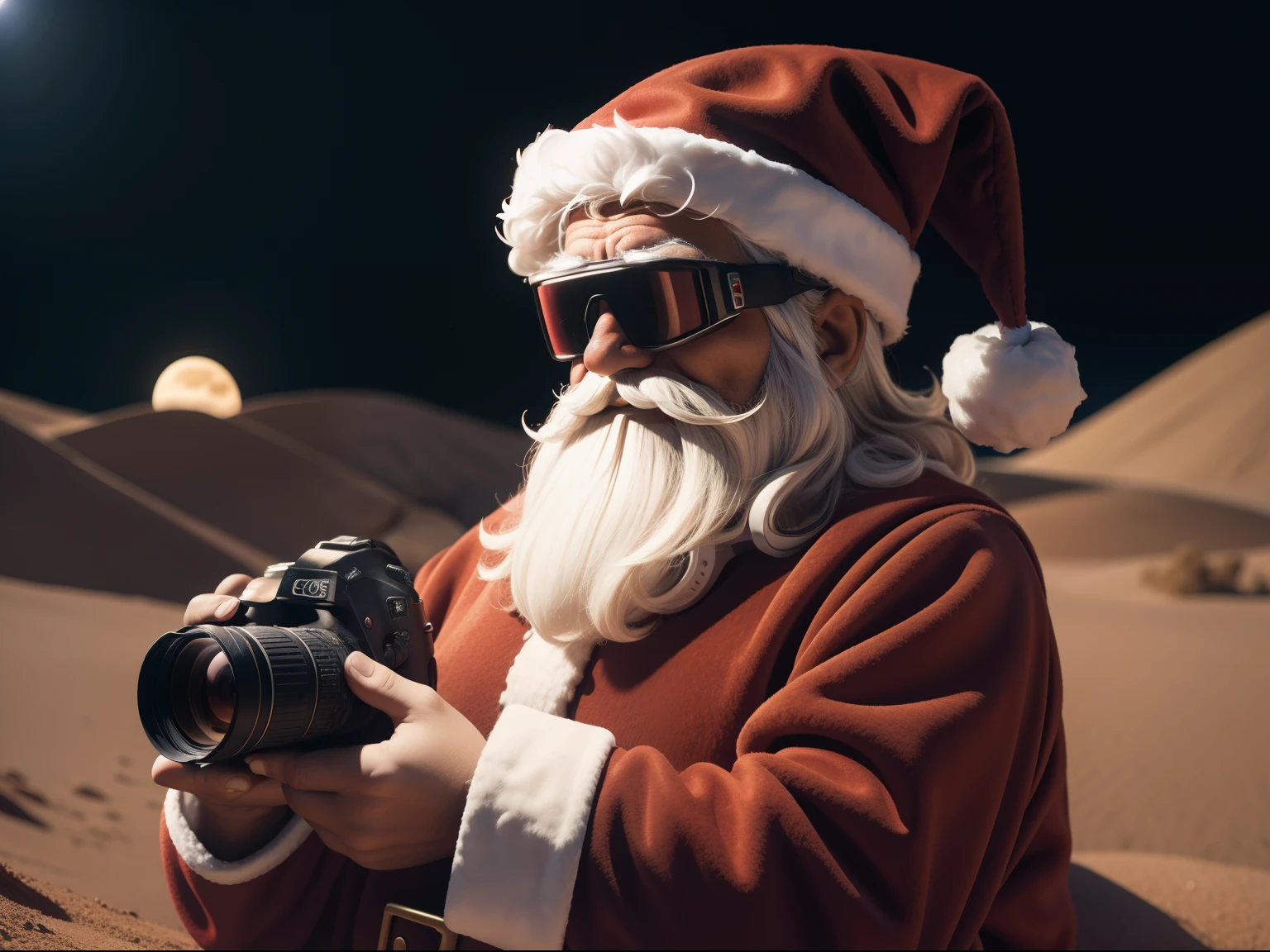 a felt toy of Santa Claus wearing nightvisiongoggles, soft photo, felt texture, wonderful desert background, captured with a Canon EOS 5DS R with a 16-35mm lens at f/2.8, 8K resolution