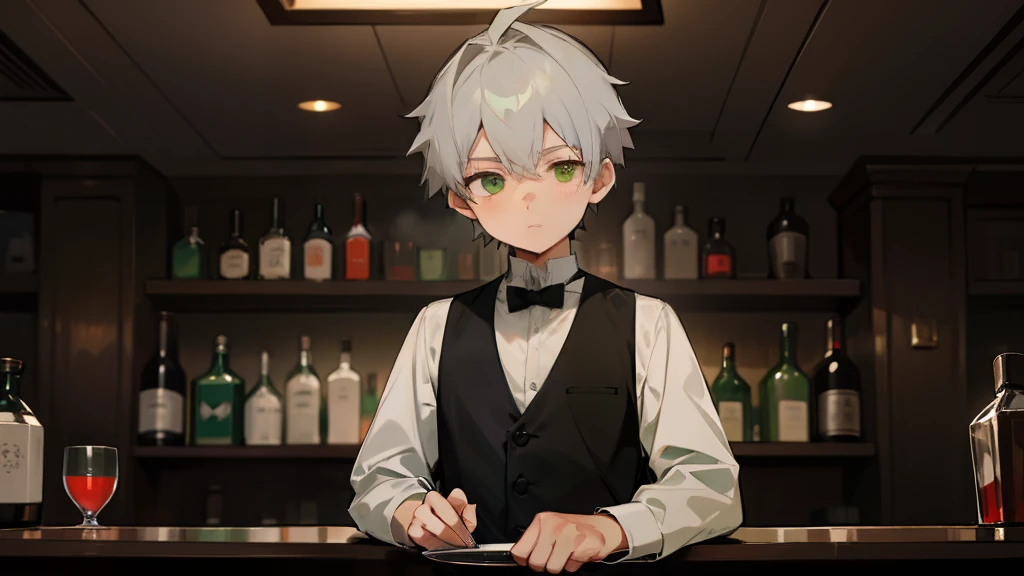 A cold and handsome  boy，Gray hair and green eyes，Wear waiter attire，Black vest white shirt，In the bar in the evening，The scene is dark and the lights are red and green in the night。