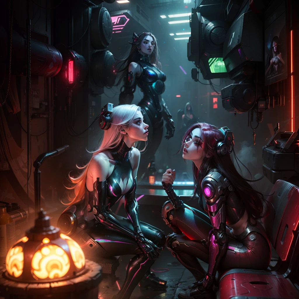 Masterpiece, Best Quality, Girls kissing , Slender, red Eyes, Hair Color, Iridescent, mech body, Long Hair Spreading, cyberpunk guns , White Skin, Medium, Cute, Sexy, Exposed Skin, Night, Psychedelic, Trip, Extreme Color, Paisley Theme,  Legs, , Full Body