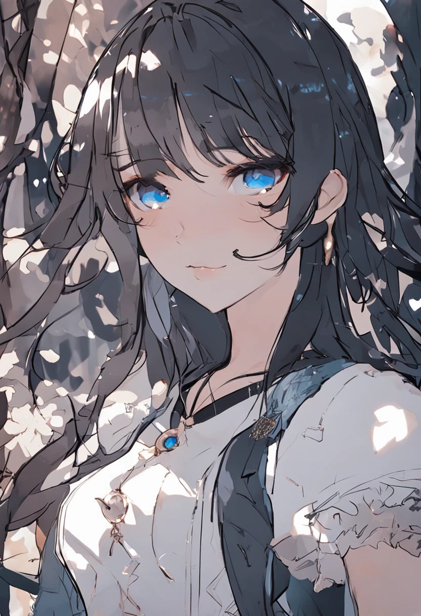 femele、off shoulders、Black tank top、mideum breasts、black and long hair、Blue eyes that emit a suspicious light、Crystal clear white skin、top-quality、masterpiece