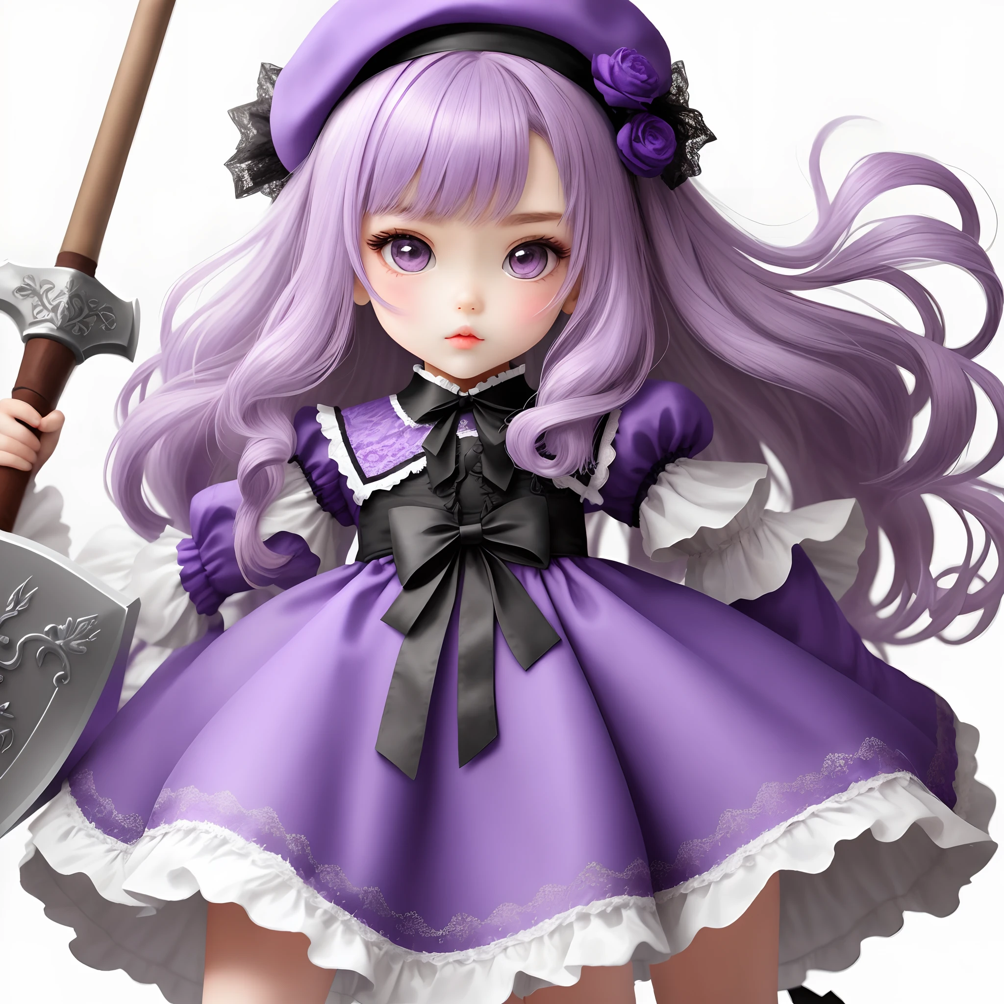 Young Girl Doll,There are puppet joints,Wearing purple lace Lolita on a white background,Gorgeous Hair in Long Purple,Purple berets with white lace trims,Tsundere look,Holding a giant axe of gear