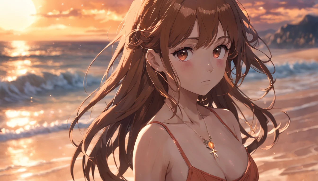 8yk,raw photo,(masterpiece), (best quality), highres,(1girl),(realistic, photo-realistic:1.2),ultra detailed, physically-based rendering,necklace, earrings, air bangs, hair ornament,sunset, collarbone,wristband,navel,long hair,brown hair,ahoge,1girl,middle breasts,beach,wavy hair,thin,