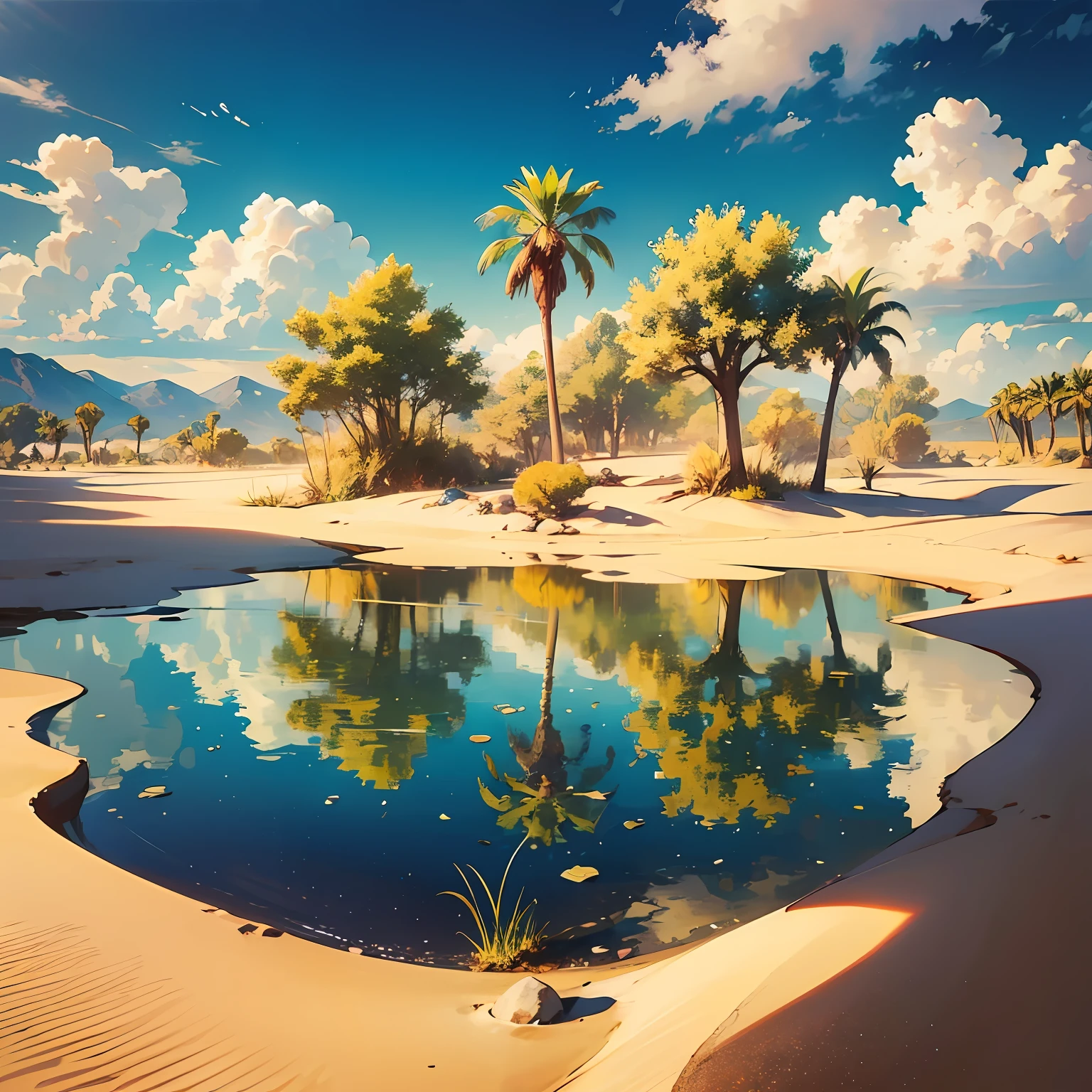 Masterpiece, Best quality, High quality,large panorama,ultra-wide-angle, Extremely detailed Cg Unity 8K wallpaper, ((Yellow desert,Yellow stone)),A slice of water,The water surface sparkles,(There is a young girl,Stand in the middle of the water,Charming back)Charming and dreamy desert oasis scene, with palm trees, The hidden fairytale valley creates a sense of mystery and charm, , Intricate, Trendy, Award-winning photography, Bokeh, Depth of field, hdr, full bloom, color difference, Photorealistic, Extremely detailed, trends in art station, Trend of CGsociety, Intricate, detail-rich, Dramatic, Artistic gains,, very detailed fingers, (Digital artwork), (Detailed manga illustrations), (detailed line art), (Perfect)) parfect anatomy, best hand)), (intricately details: 1.3), (Very detailed: 1.3 ), (illustration :1.3 ), (Sharp focus:1.3), (Natural light:1.05), (Bright color:1.3)