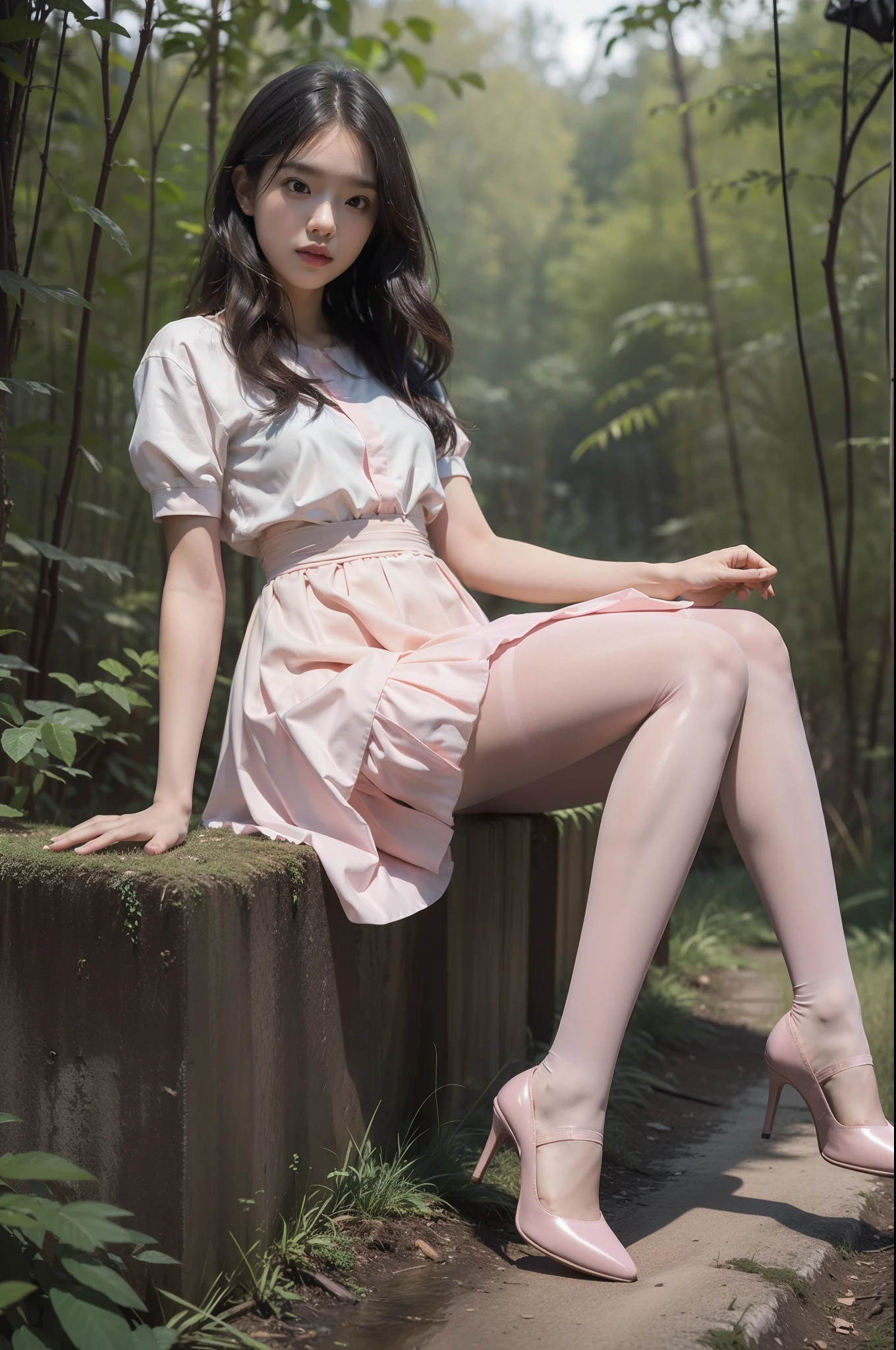 (full body:1.5),(1girl:1.3),(view the viewer:1.4),(anatomy correct:1.3),(sitting in the forest:1.2),(Wearing a school Style Dress:1.2),(Opaque pink pantyhose:1.3),( girl pointed thick heels :1.1),(Accurate and perfect face:1.3),(Long legs:1.3),hyper HD, Ray traching, reflective light, structurally correct, Award-Awarded, high detail, lighten shade contrast, Face lighting ,cinematic lighting, masterpiece, super detailing, high quality, high detail, best quality, 16k,High contrast,