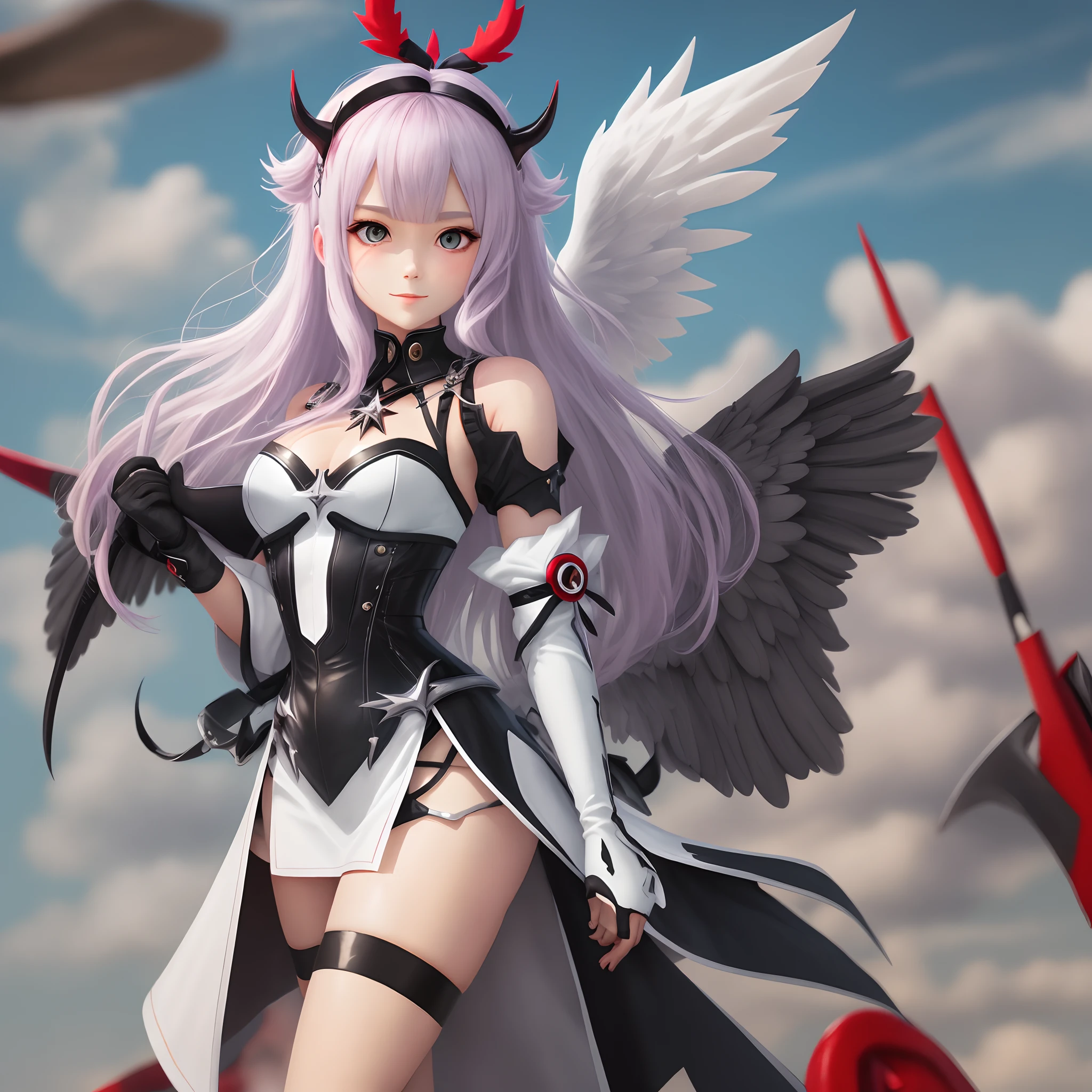 anime characters,With horns,There are white、Dark Pink Heavy Duty Half Wall Railing,standing in front of the full moon, Moon Clothes, fantasy costumes, In-game rendering, Star witch clothes, The whole body is rich in detail, (((Big Breasts,Cleavage))) Animation is very detailed, Clear clothing design, 8k Octave Rendering Photo, Beautiful celestial demon,There are huge black wings on both sides
