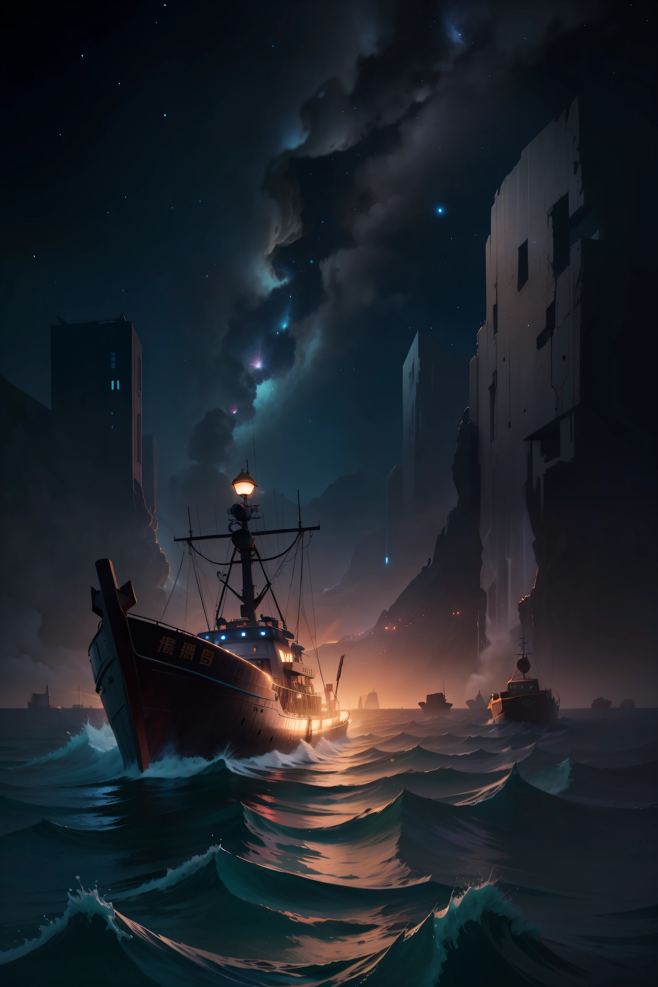 The end of time，The combination of the starry sky and the sinking boat is shocking，Shen Zhou highlights the description，No characters