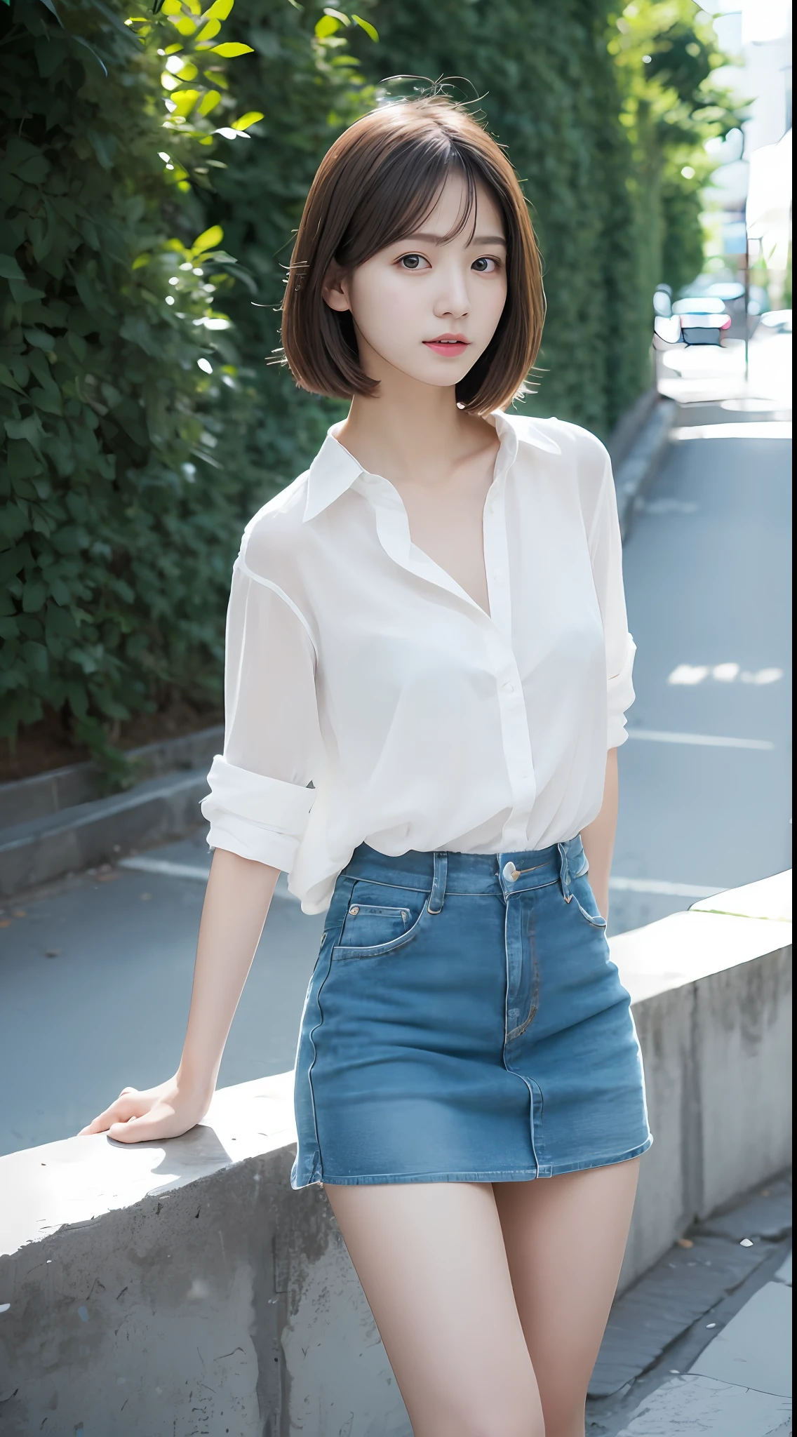top Quority，Ultra-clear resolution，Clear  eyes，plain face，s the perfect face，White skin，Perfect chest，with perfect legs，Long legs，Short black style skirt，Random environment