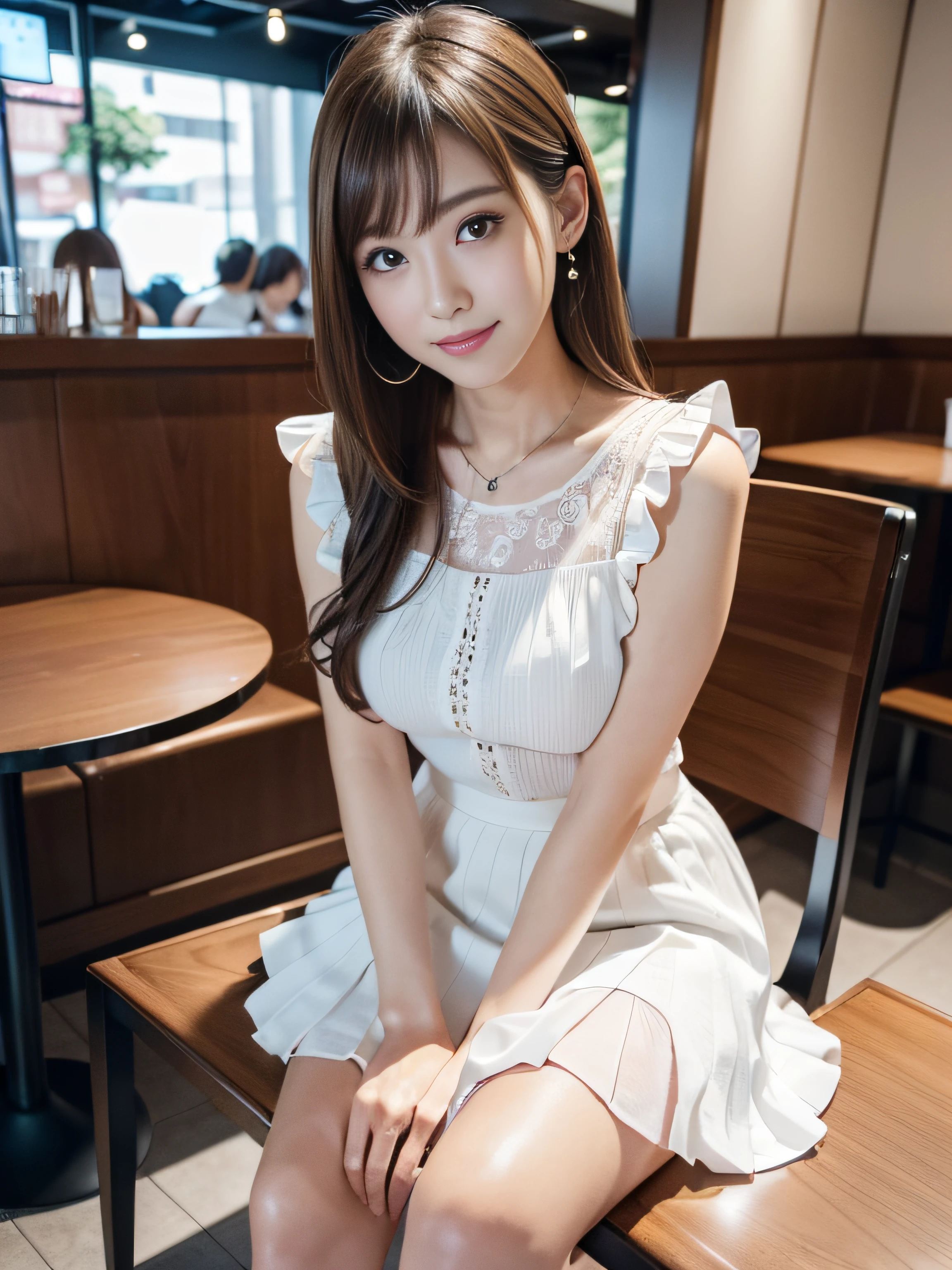 8K、Raw photography、(masuter piece:1.2)、(Photorealsitic:1.2)、(best qualtiy)、((Sleeveless with white frills))、((Adult woman in floral white skirt))、((japanes、30-years old))、Light brown hair in one woman、((full body Esbian))、make - up、Smart body、A smile、Poses variadas、hyperdetailed face、A detailed eye、((No close-ups))、(Inside the café、Sitting on a chair)