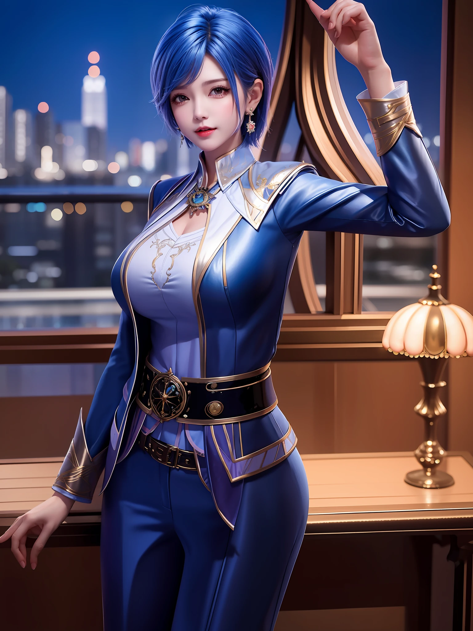 1girll, Mature female, Cityscape, Night, view the viewer, Short hair, belt,Blue shirt,jewelry, Earrings, , Long sleeves, Collar,Pants, Trim,huge tit,Stretch breast makeup,
