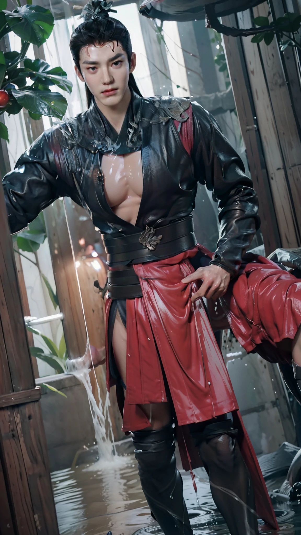 A tall muscular boy , Naked , Legs spread , (The whole body of the character),impact , Sweaty , Wet , Seductive , Bigboobs , large bulge , big balls , big assa,Exposing the pectoral muscles,Wu Yifan,Armour,wounded,(A large amount of transparent white liquid),(binding)