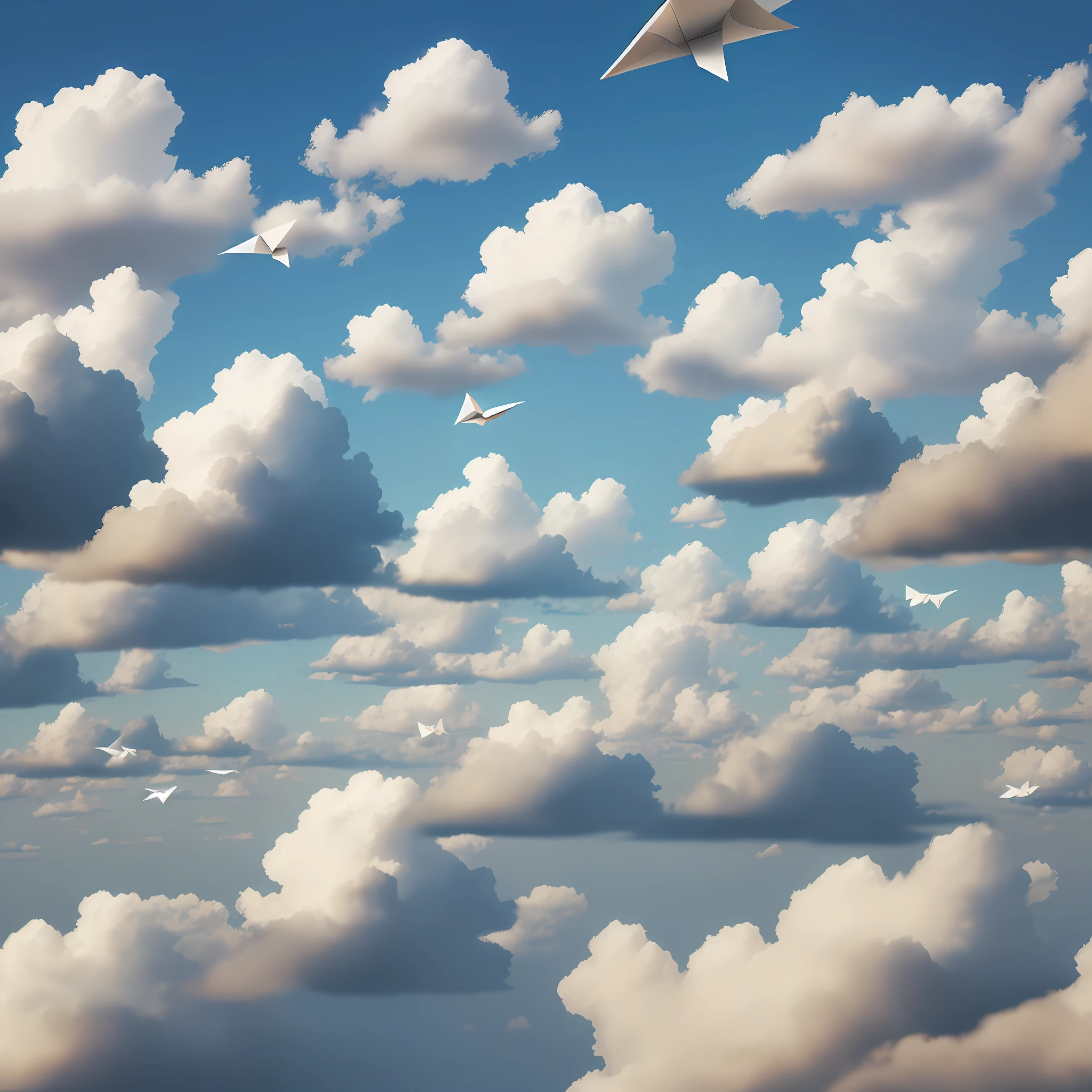 Paper airplanes fly over clear and cloudy skies