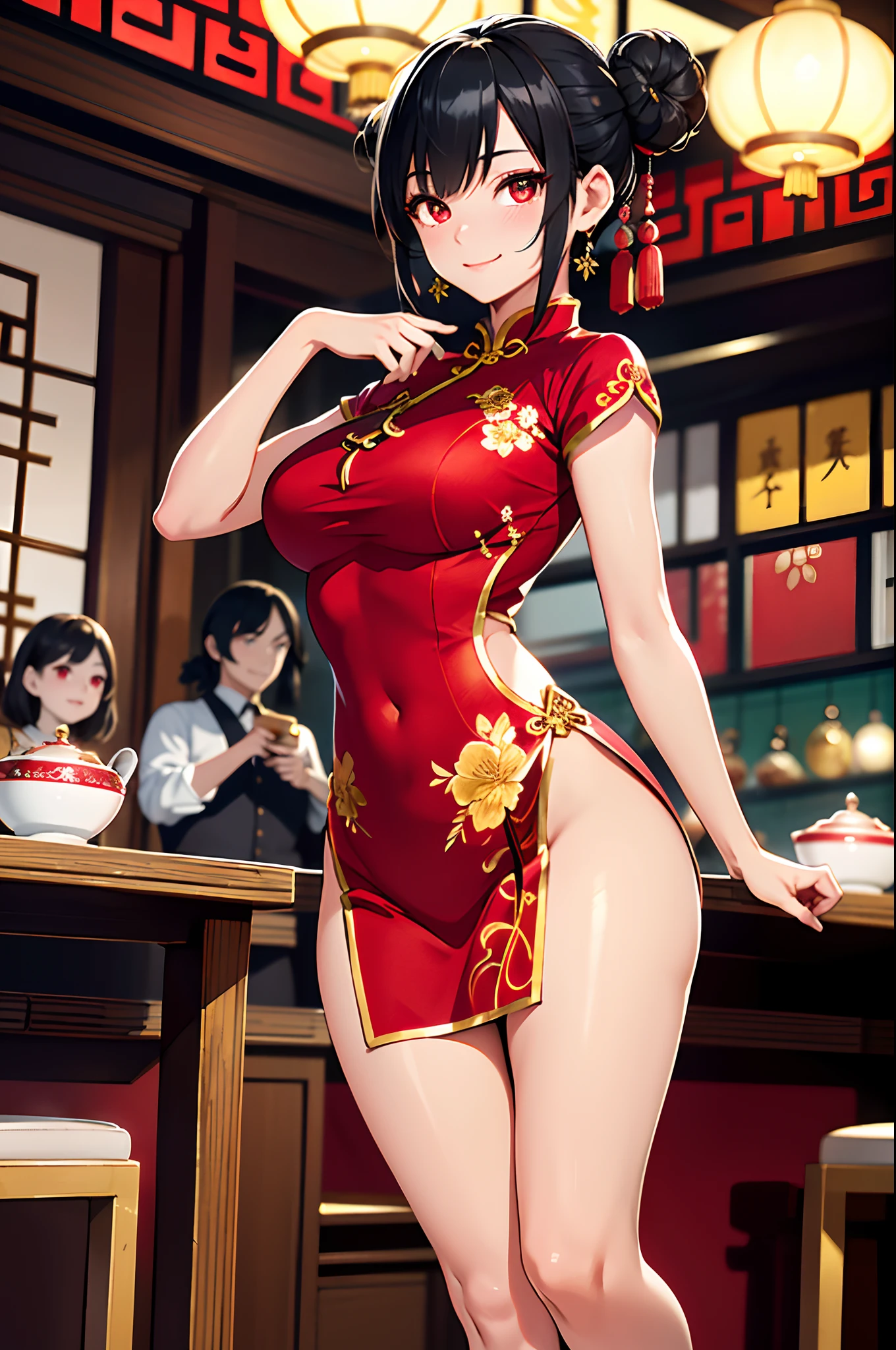 (Best Quality、Unity 8k壁纸、32K、masutepiece、ultra-detailliert、超A high resolution、Impresionismo、Photorealsitic:1.2)、Dynamic lighting、sideshot、Detailed 3D rendering、Moody lighting、Detailed beautiful face and eyes、A slender、Medium bust、(Full body:1.2)、 Highly detailed background、Chinese Restaurant、Carry dishes、beauitful face、blurry backround、a beauty girl、super detailed skin、Black hair、short-hair、Double bun、Red Eyes、Red cheongsam with gold thread embroidery、Wearing high heels、Floral hair ornament、miscievous smile、(thighs thighs thighs thighs:0.9)、dynamicposes、