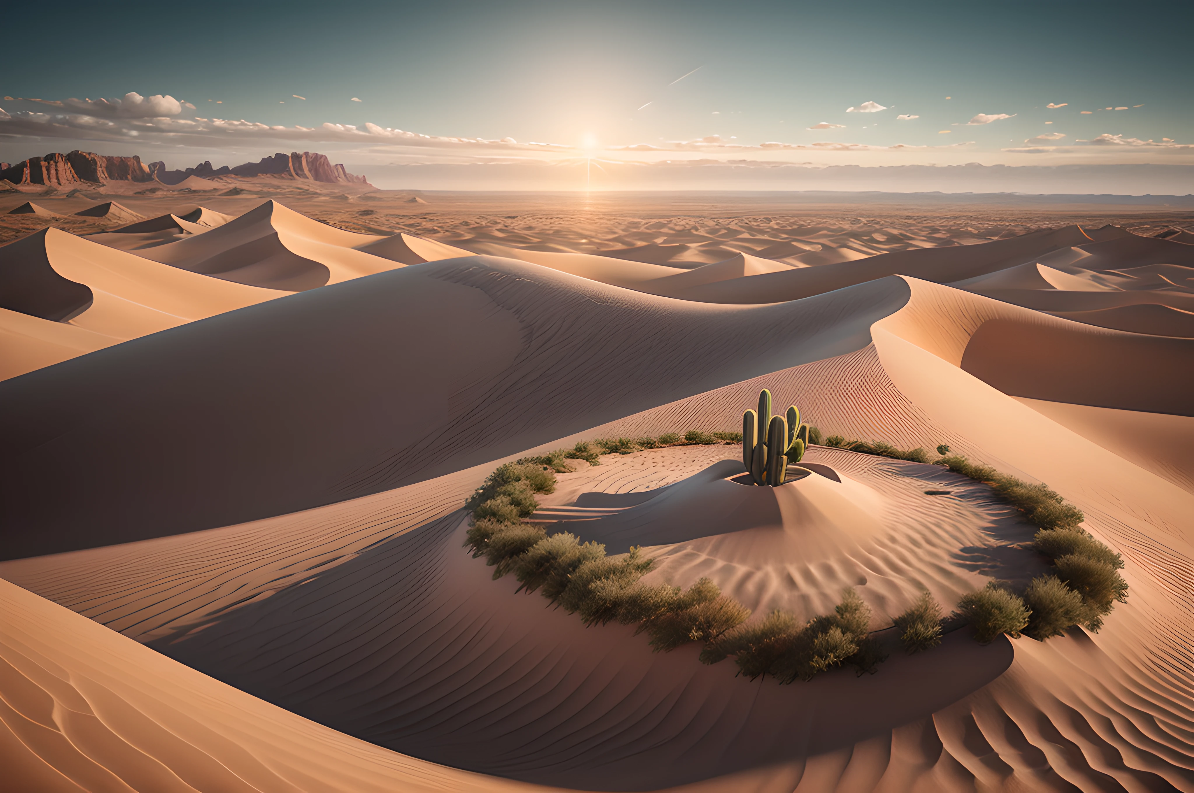 Best quality, masterpiece, photorealistic, (high resolution CGI artwork 8k), create a stunning artwork of the desert, high-resolution, 3D-rendered masterpiece of digital art, dreamy glimmer, bloom