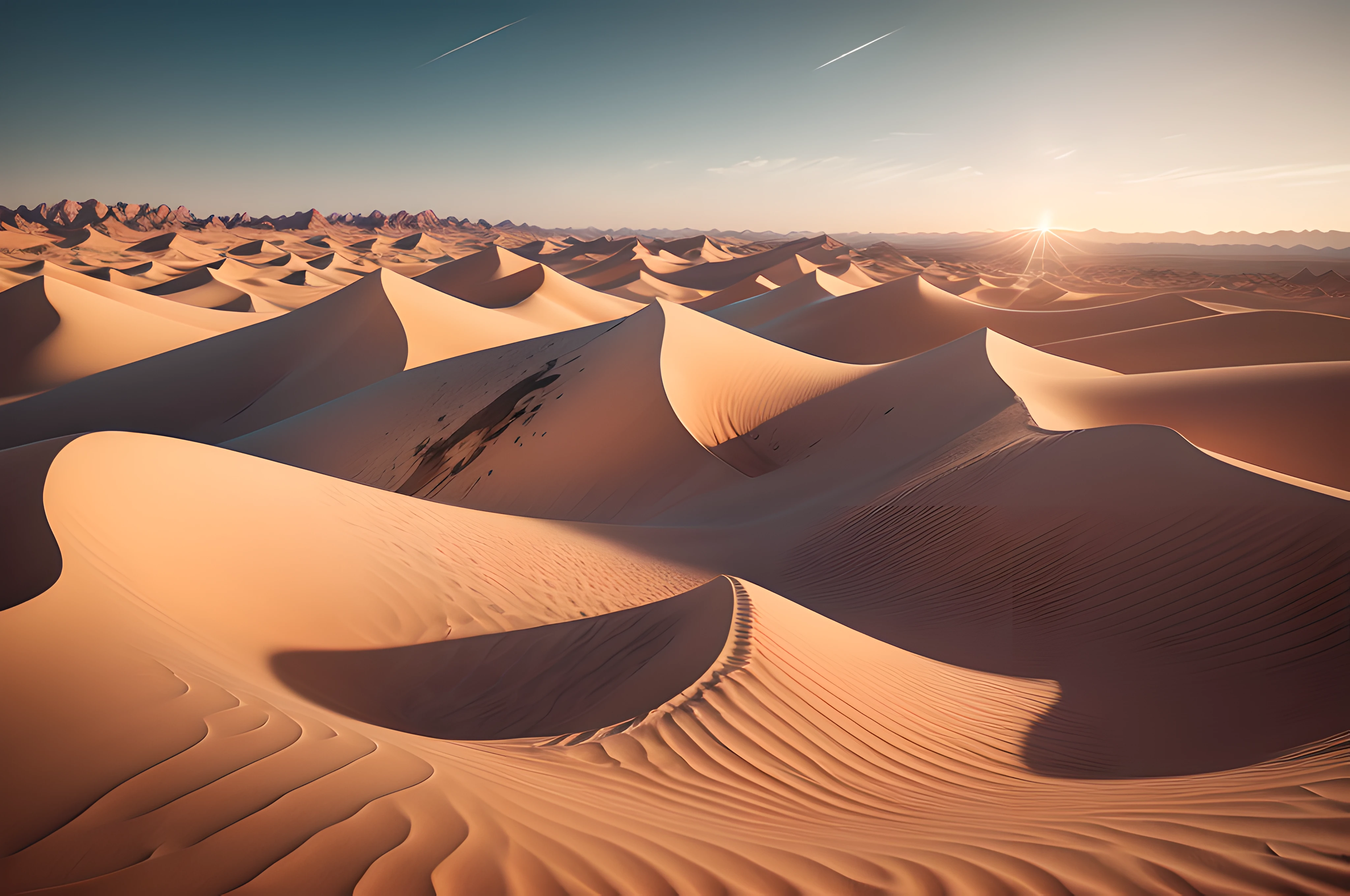 Best quality, masterpiece, photorealistic, (high resolution CGI artwork 8k), create a stunning artwork of the desert, high-resolution, 3D-rendered masterpiece of digital art, dreamy glimmer, bloom