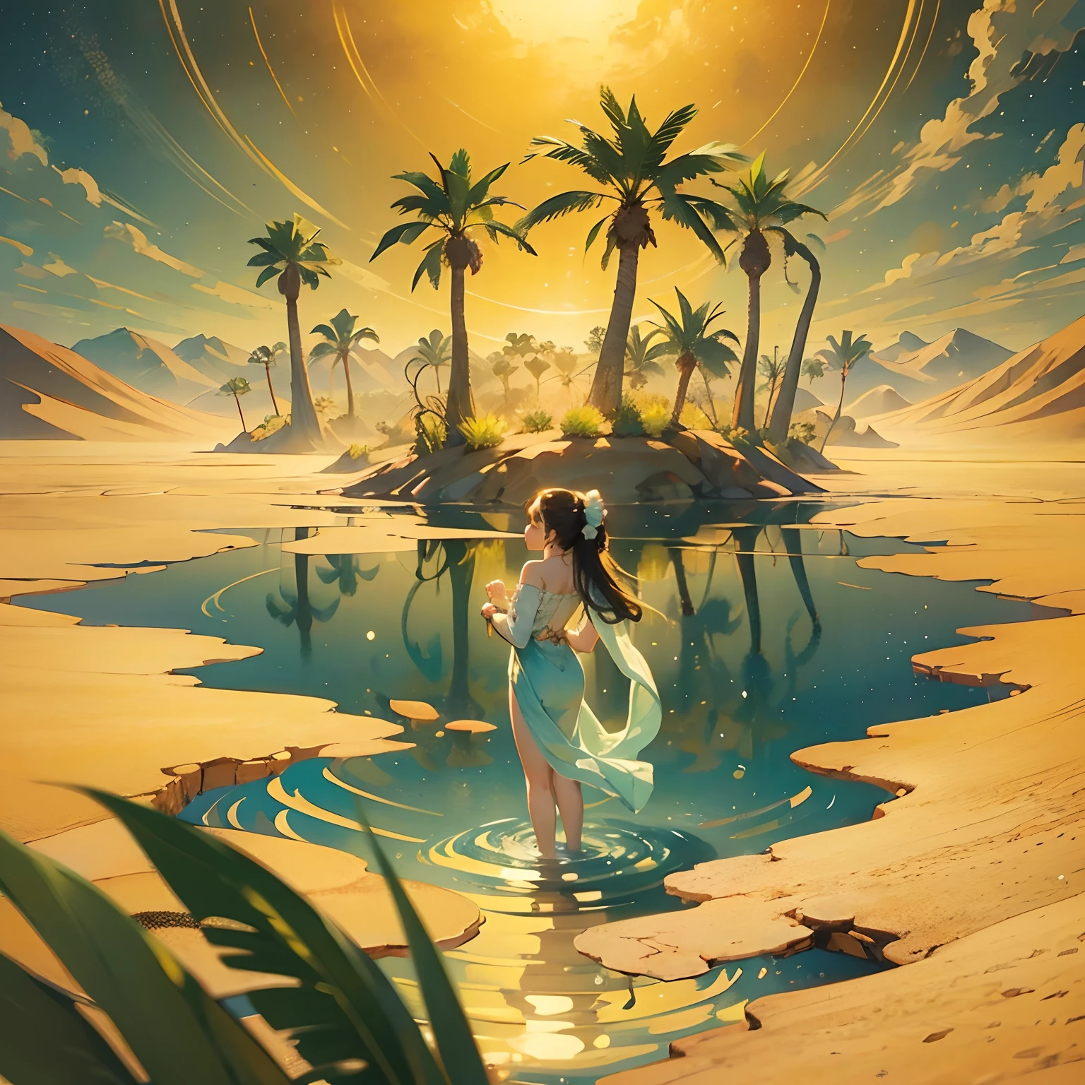 Masterpiece, Best quality, High quality,large panorama,ultra-wide-angle, Extremely detailed Cg Unity 8K wallpaper, ((Yellow desert,Yellow stone)),A slice of water,The water surface sparkles,(There is a young girl,Stand in the middle of the water,Charming back)Charming and dreamy desert oasis scene, with palm trees, The hidden fairytale valley creates a sense of mystery and charm, , Intricate, Trendy, Award-winning photography, Bokeh, Depth of field, hdr, full bloom, color difference, Photorealistic, Extremely detailed, trends in art station, Trend of CGsociety, Intricate, detail-rich, Dramatic, Artistic gains,, very detailed fingers, (Digital artwork), (Detailed manga illustrations), (detailed line art), (Perfect)) parfect anatomy, best hand)), (intricately details: 1.3), (Very detailed: 1.3 ), (illustration :1.3 ), (Sharp focus:1.3), (Natural light:1.05), (Bright color:1.3)