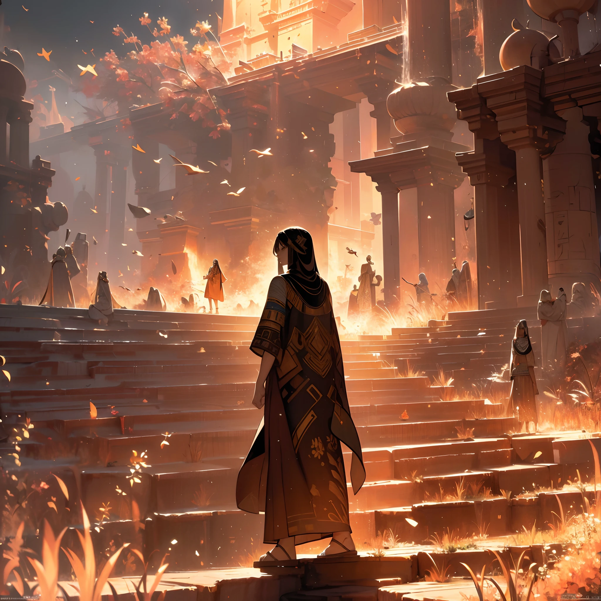 (8k wallpaper:1.2),(Ultra-high resolution:1.2),(masterpiece:1.1),wallpaper,High quality,masterpiece,(High detail),1man, wearing middle East clothing, walking through a desert, surrounded by Sands, ancient egyptian buildings, surrounded by camels and people, scorching hot sun, absolutely stunning art, extremely detailed, HD quality, wallpaper 8k,