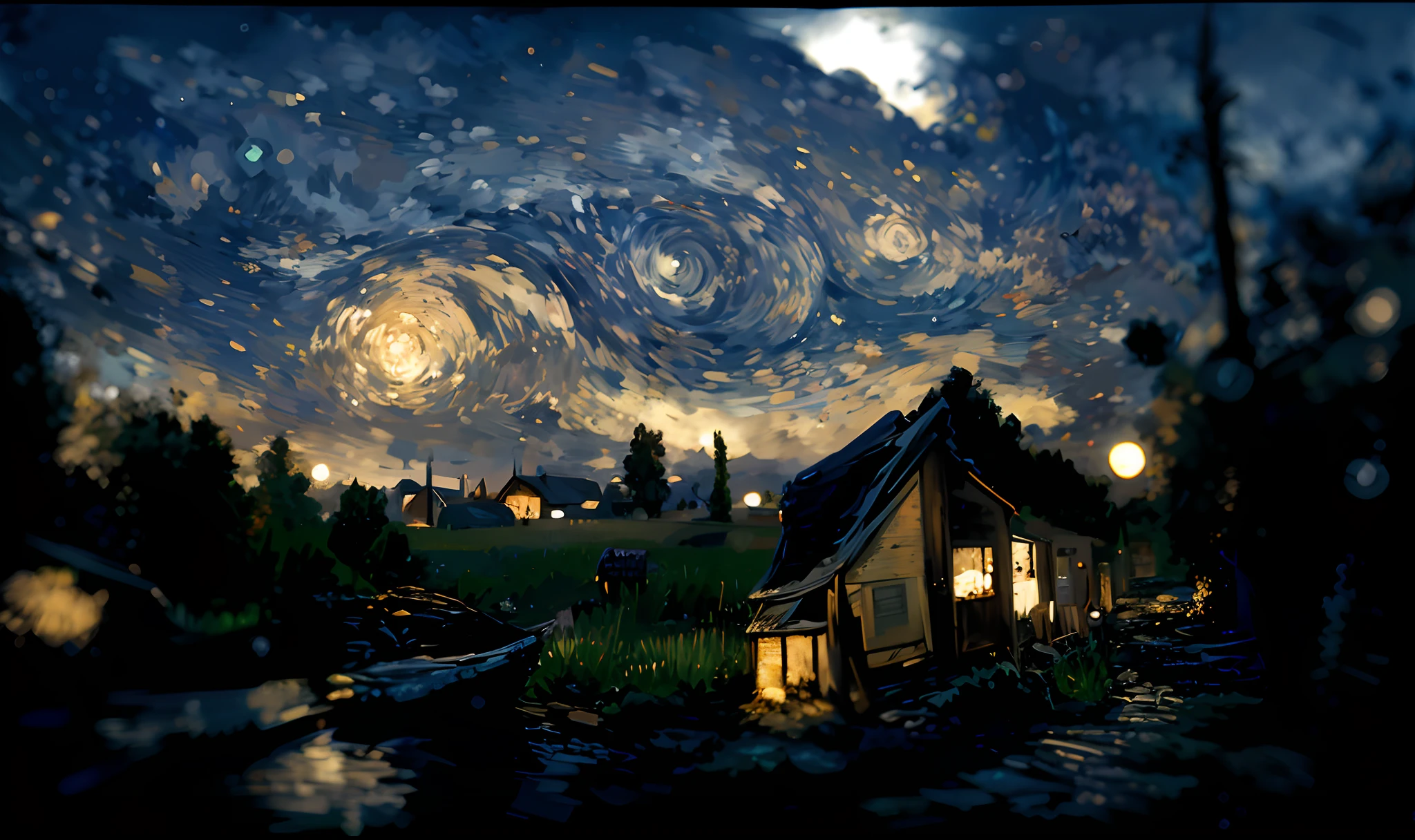 A wheat field in front of Van Gogh's starry sky Starry night view with small houses and golden wheat fields，Van Gogh style，van gogh art style，Van Gogh style，Vincent Van Gogh style，Highly detailed digital art in 4K