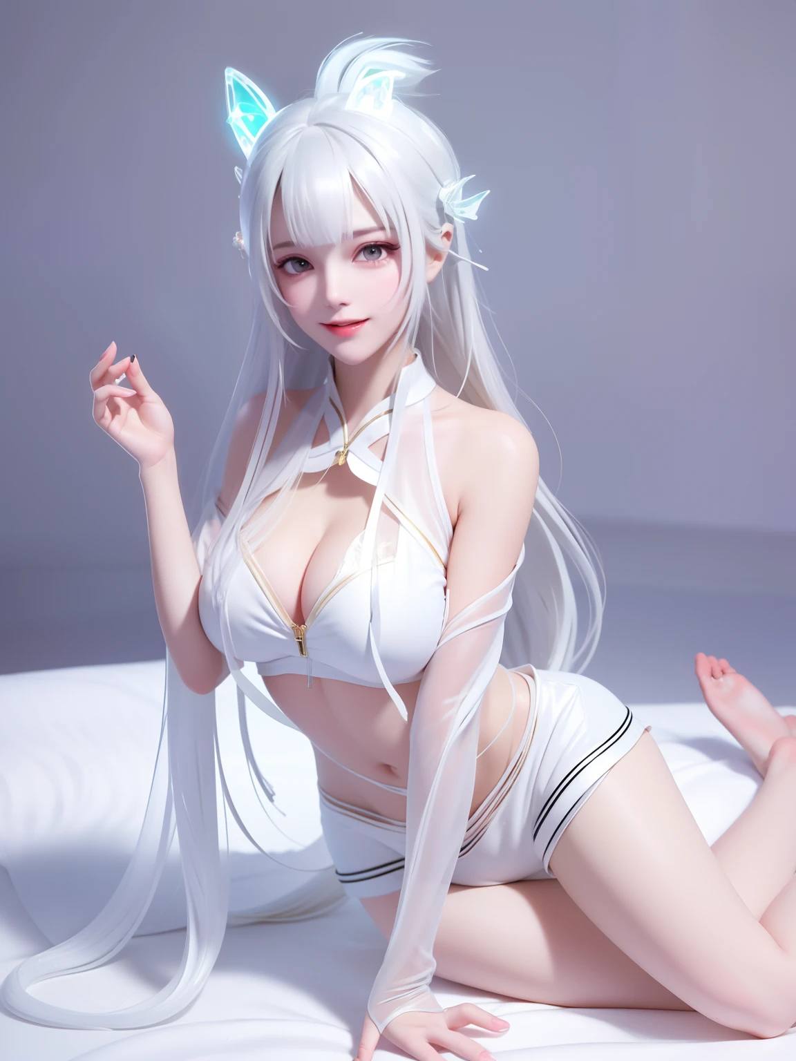 Lie down in bed,the transparent white shirt,The expression is a little happy and enjoyed,with a good figure,Ultra shorts,Naked breast clothing,adorable captivating, beautiful and seductive, Cute breasts are big and beautiful,white skinned,facing at camera,Surreal full-body image,The viewing angle is relatively wide,leg apart