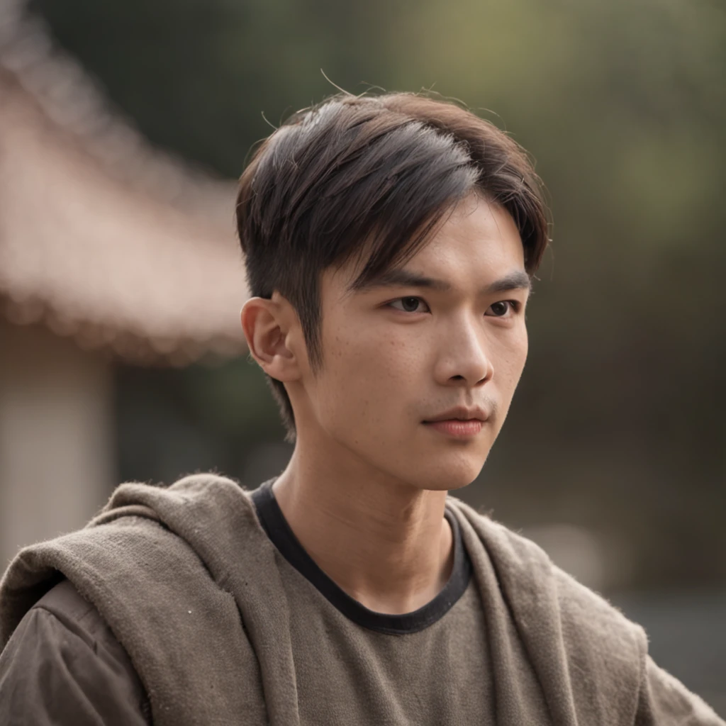 There is an Asian man, with accurate features, strong jawline, slightly pointed ears, dynamic angle shot, No extra ears, neck zoomed in, side view profile centered, wide high angle view, Two pointed ears,Side photo in sportswear