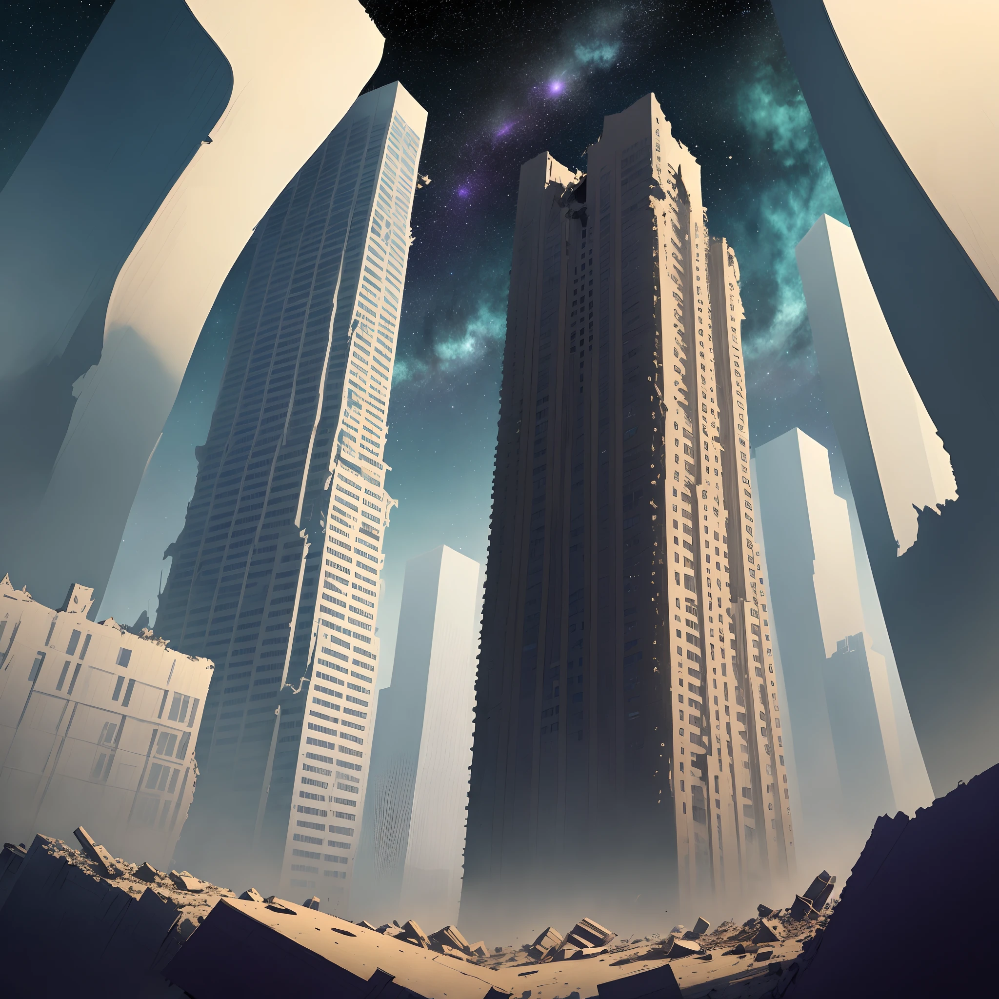 A barren world，High-rise buildings collapsed countless times，The sky is full of stars，A huge vertical one，The pupils are dark purple and the eyes are open among the stars