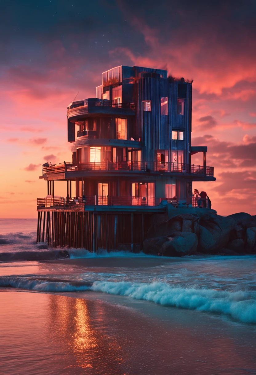 A building, in a beach, sparkling in the night with amazing light