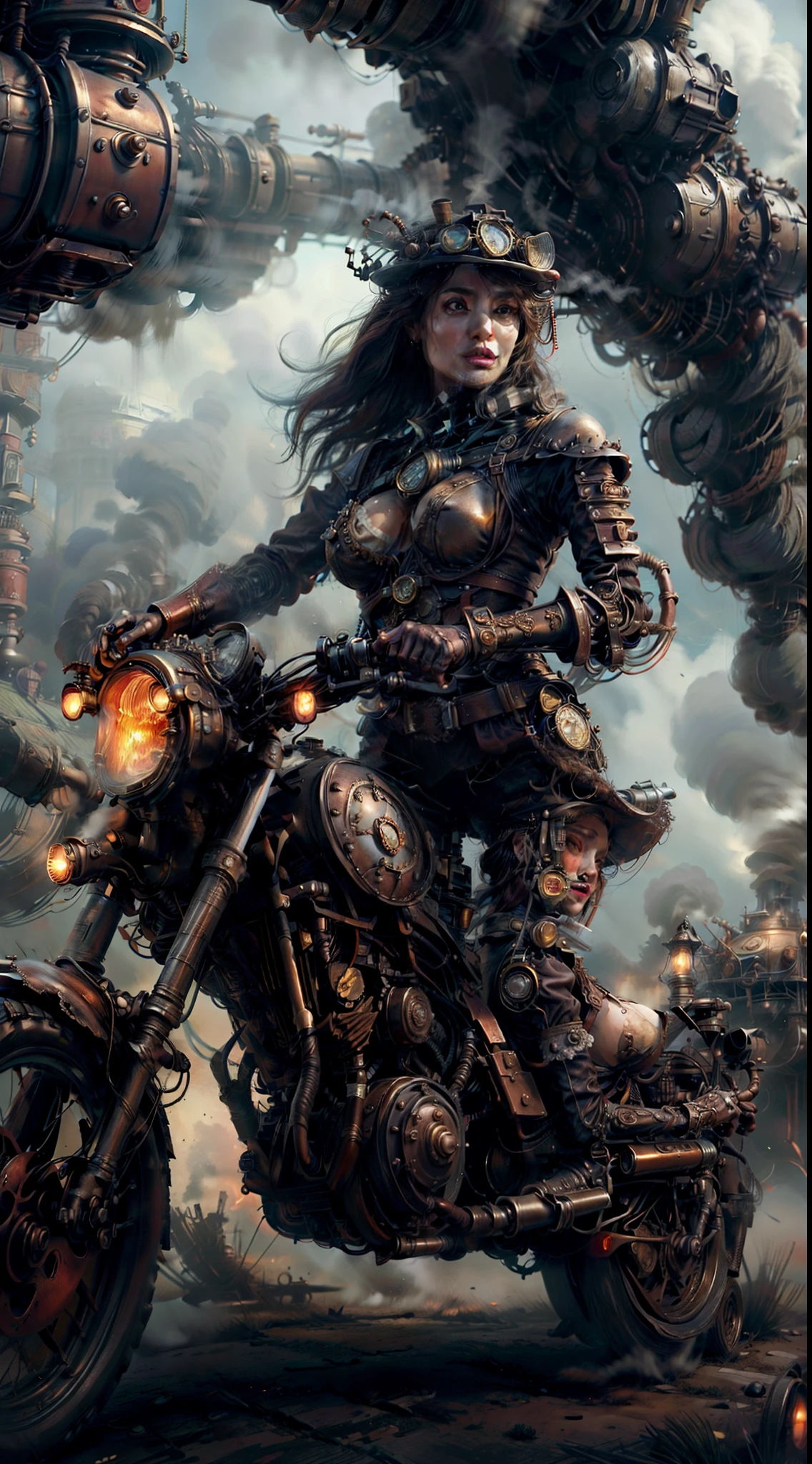 There's a sexzy Angelina Jolie with a steam-powered dusky skin, with big boobs,Royal look,helmet, arte conceitual steampunk, sexzy full body view, riding bike,Wojtek FUS, arte digital steampunk, detailed wild steampunk illustration, Portrait of a gold and copper mechanical woman, arte steampunk, estilo de arte dieselpunk, cyberpunk steampunk, estilo de fantasia steampunk, Arte digital altamente detalhada em 4k, sci-fi steampunk